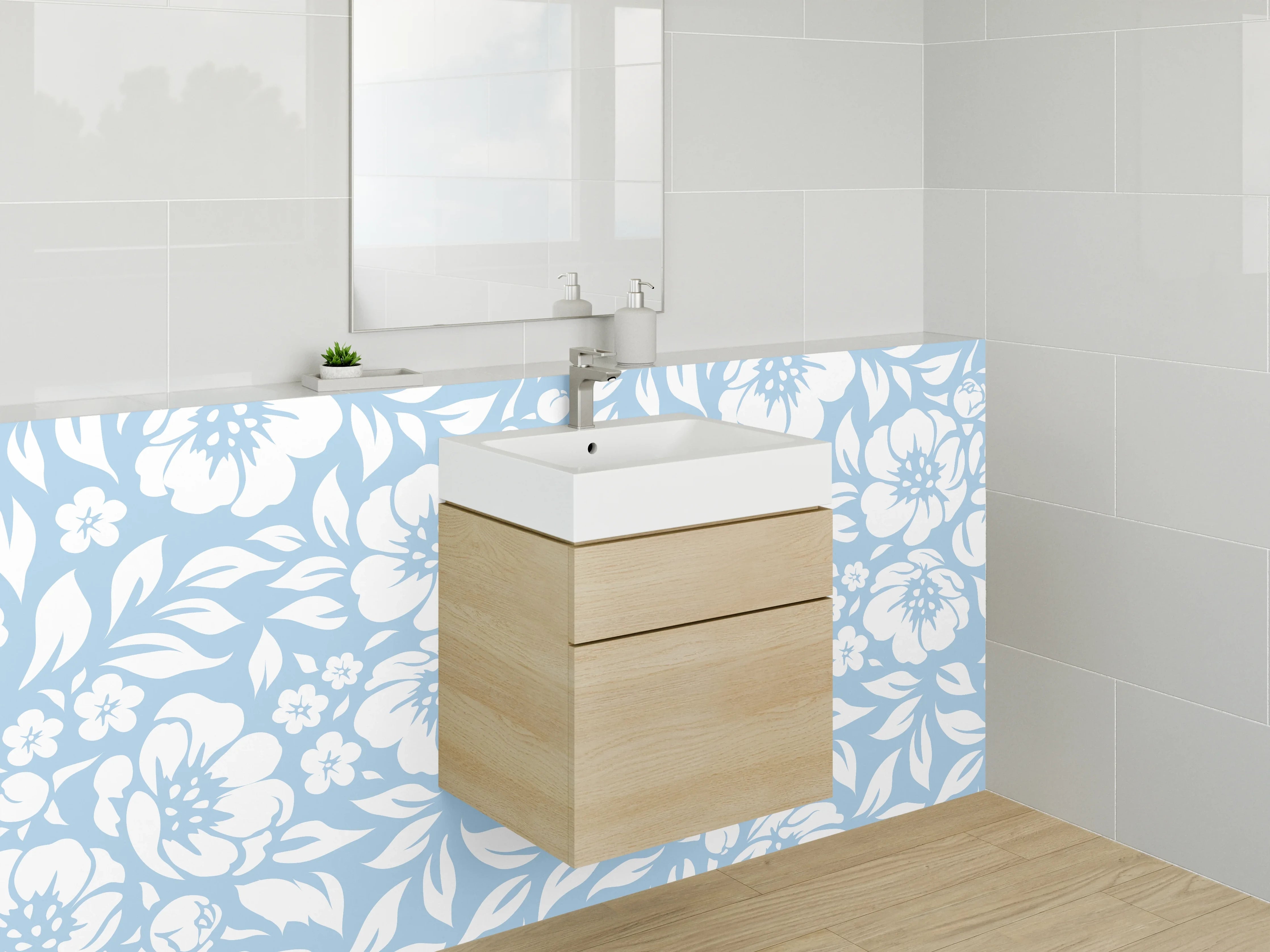 Waschbecken-Rückwand - Blumen im Blau-Grauweiß