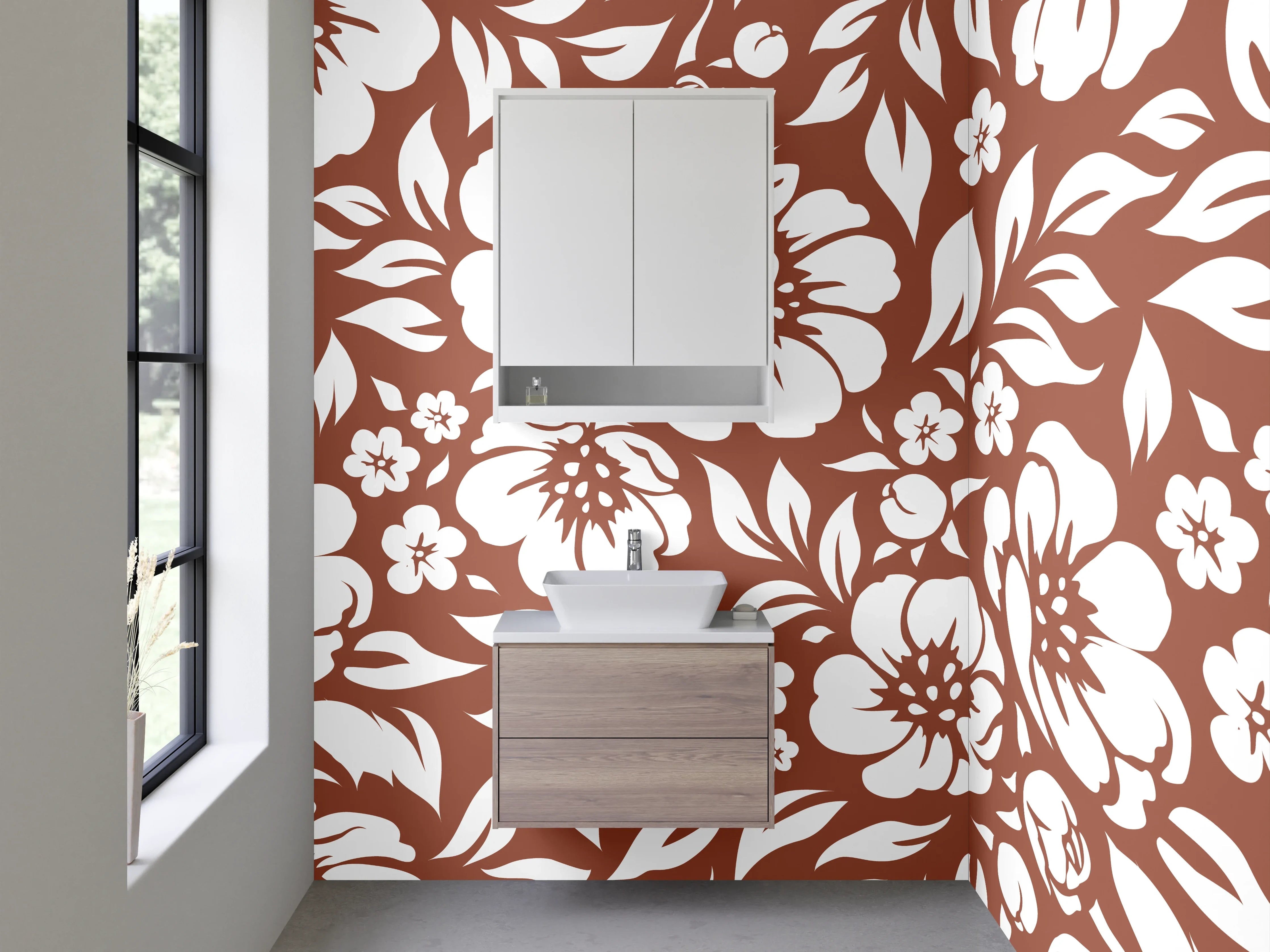 Waschbecken-Rückwand - Blumenmuster Retro Braun Weiß