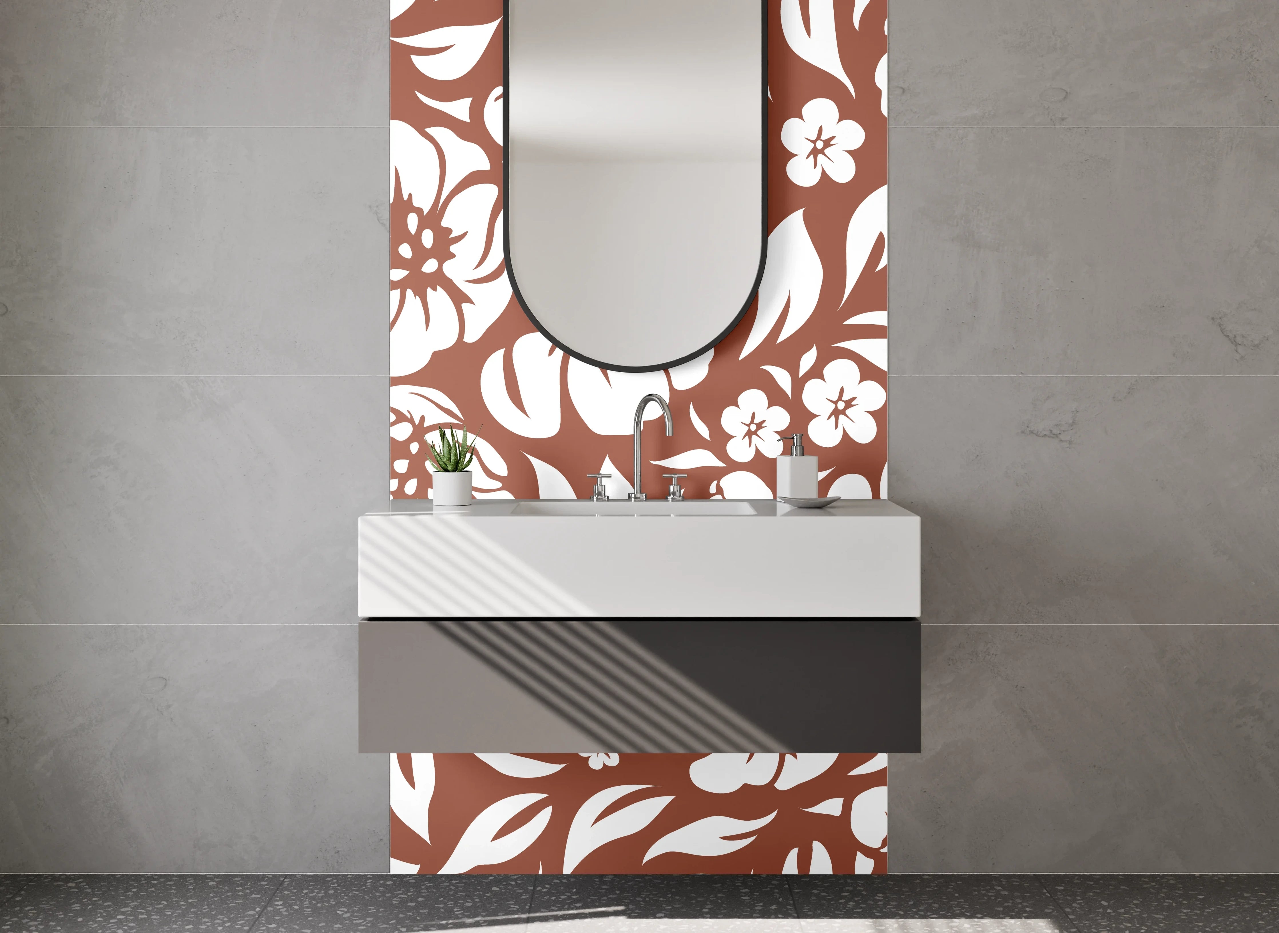 Waschbecken-Rückwand - Blumenmuster Retro Braun Weiß