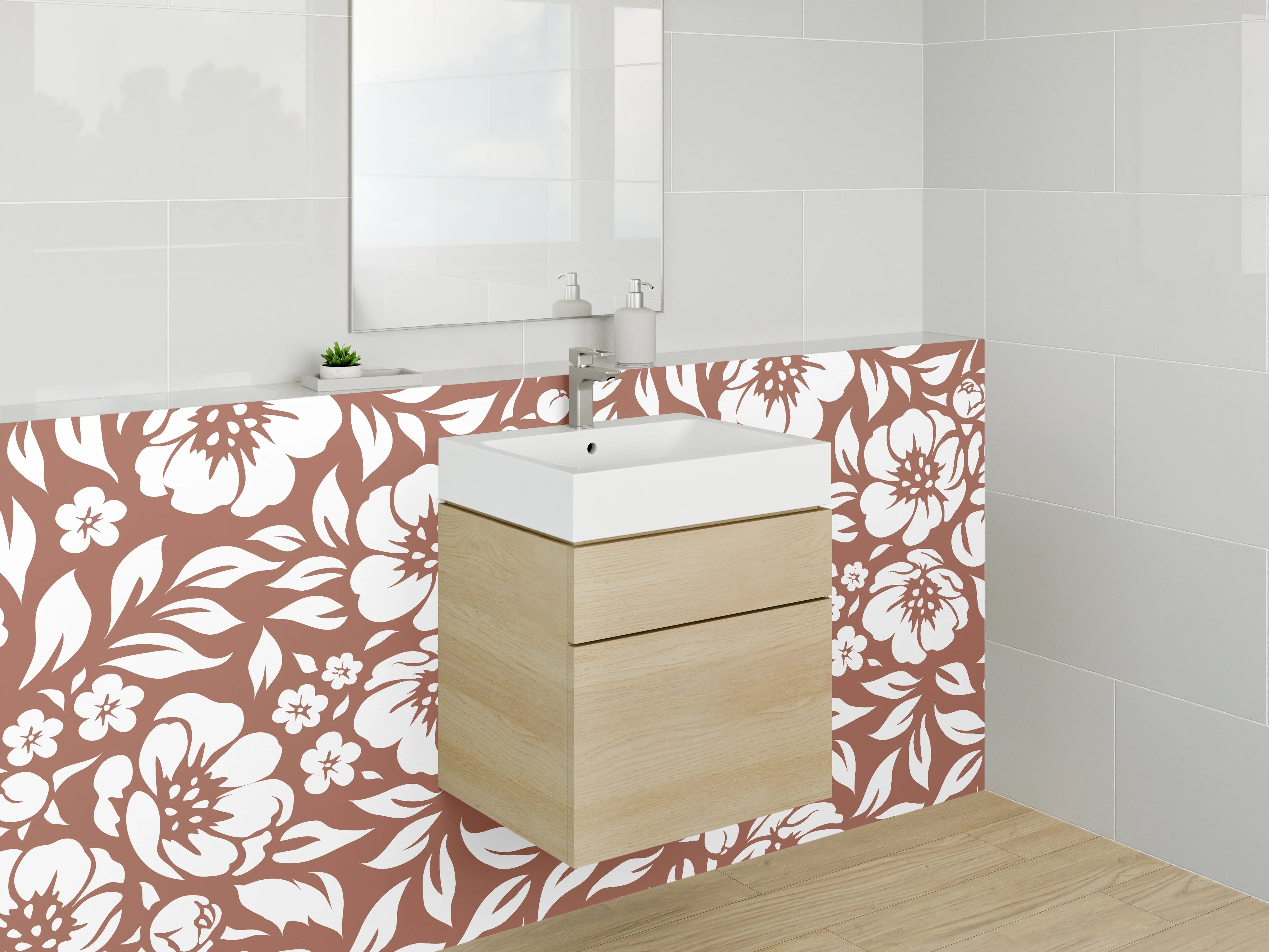 Waschbecken-Rückwand - Blumenmuster Retro Braun Weiß