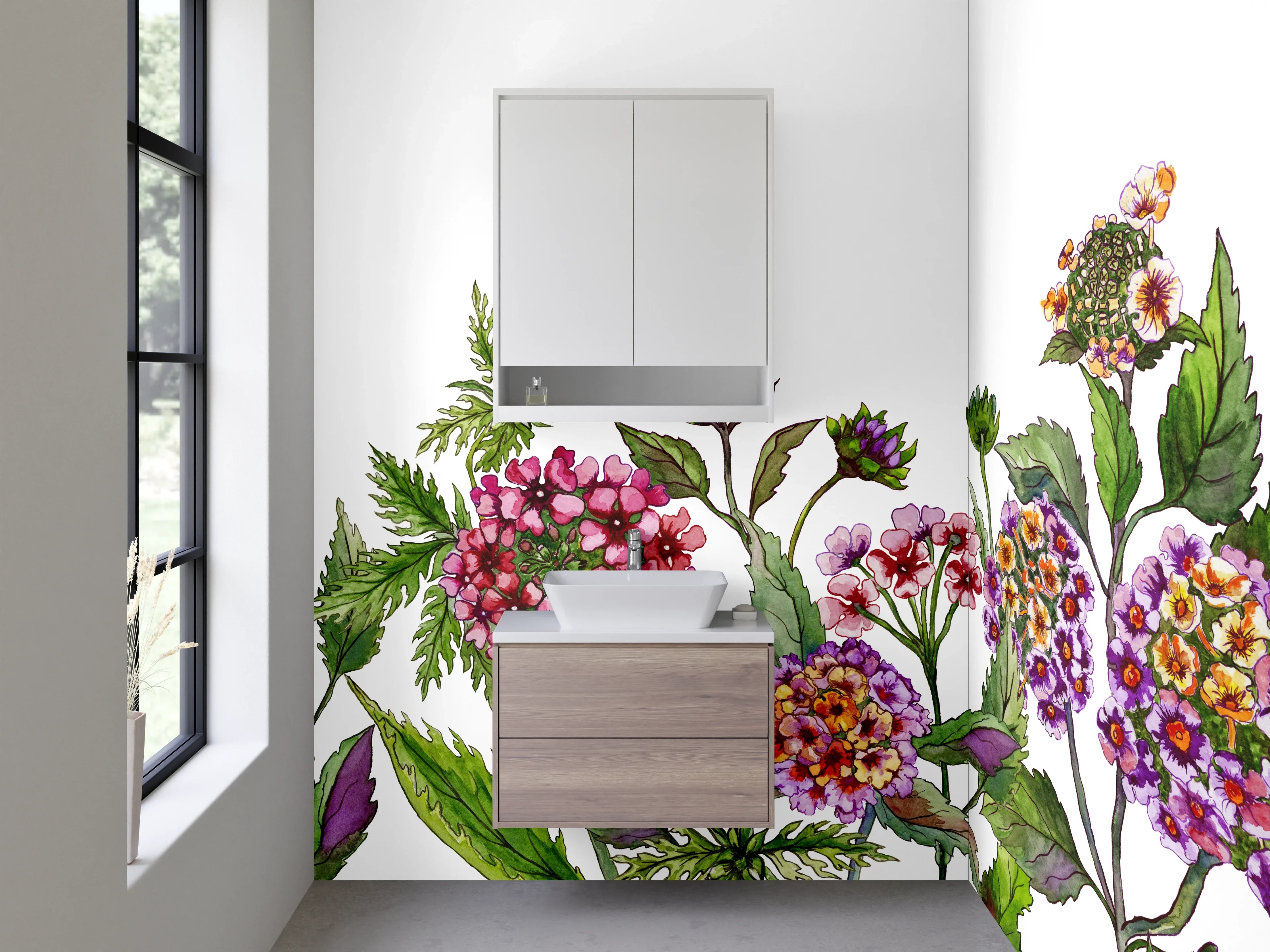 Waschbecken-Rückwand - Blumenmuster mit bunten Blüten und grünen Blättern