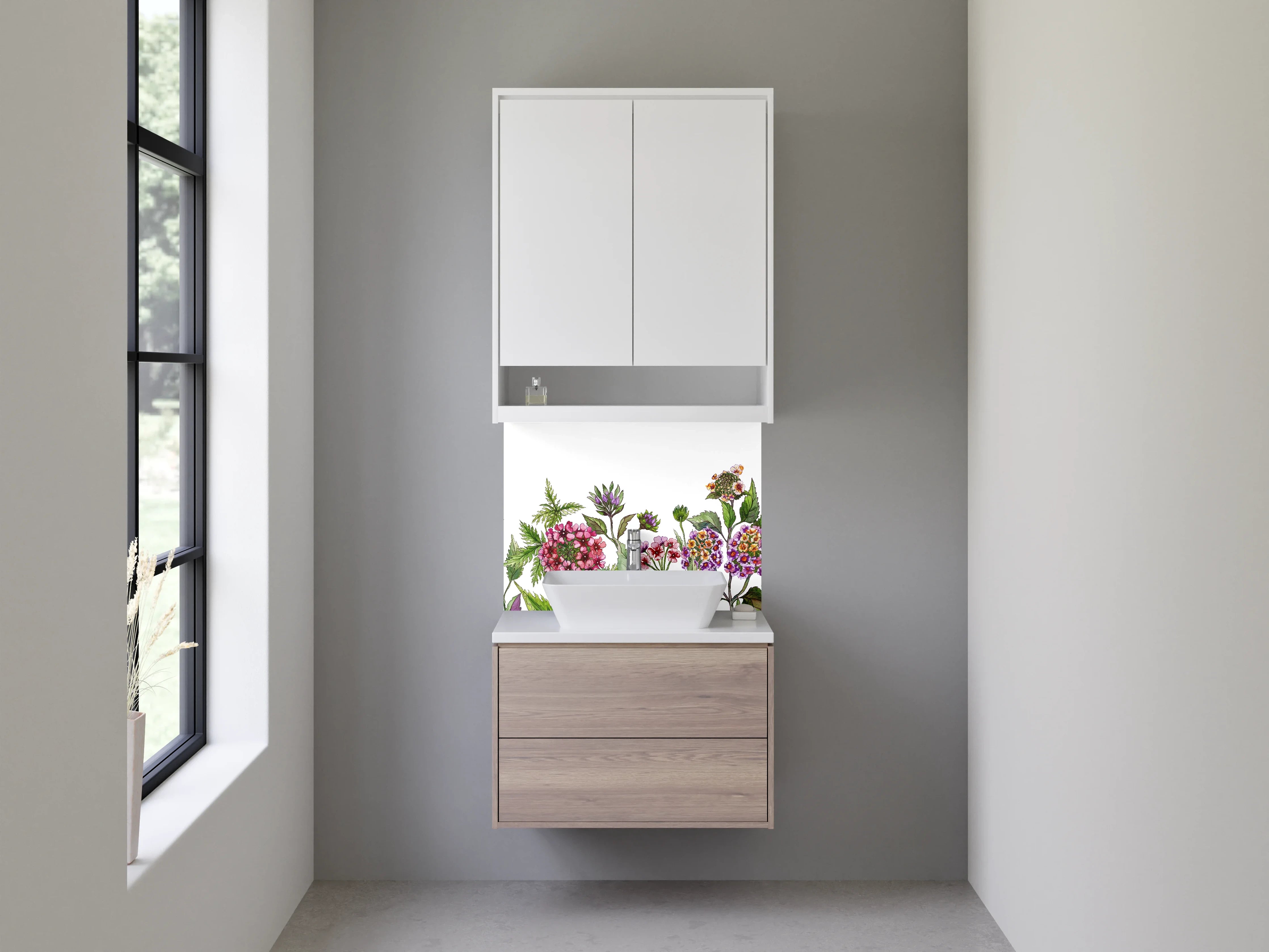 Waschbecken-Rückwand - Blumenmuster mit bunten Blüten und grünen Blättern