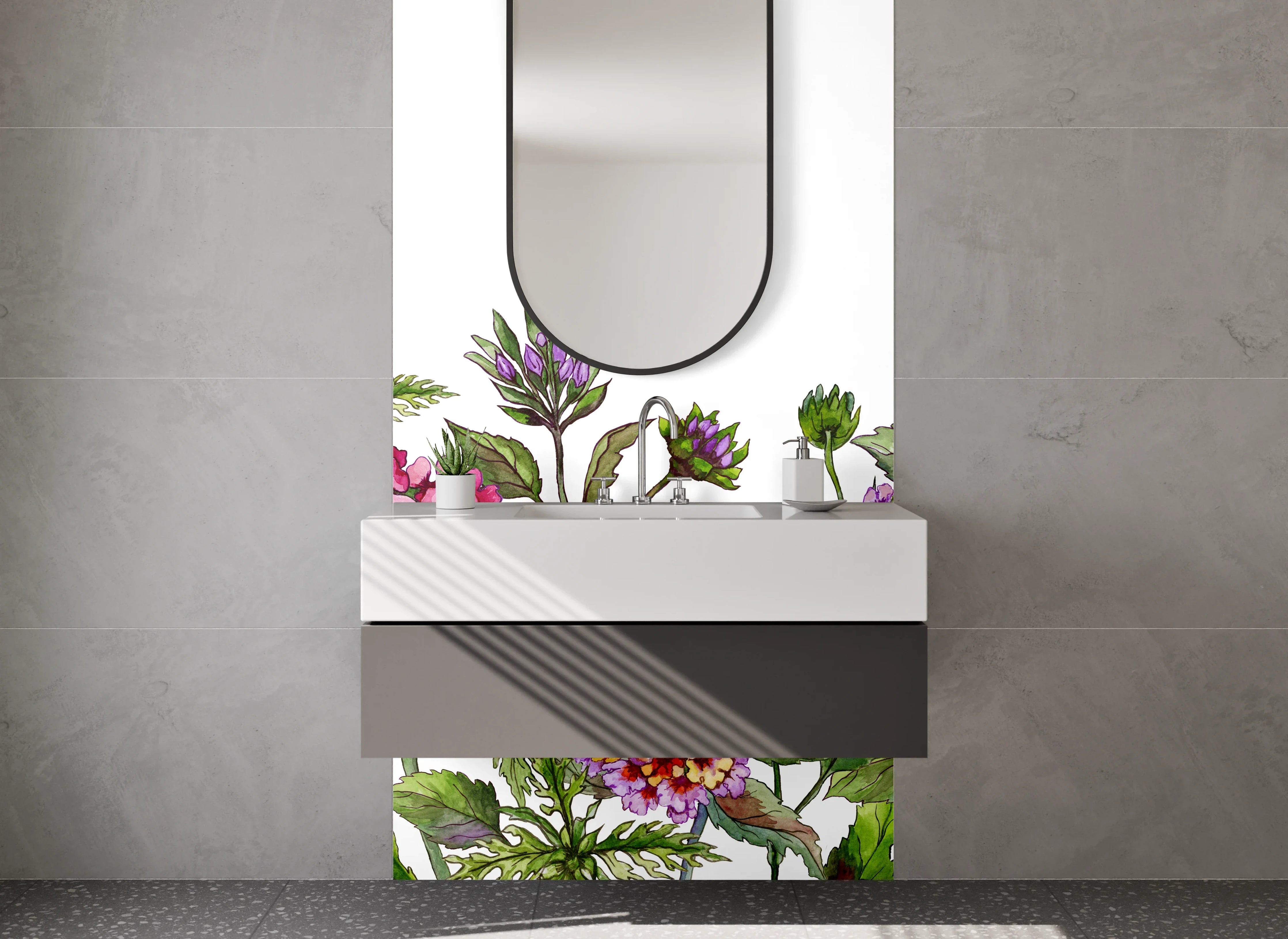 Waschbecken-Rückwand - Blumenmuster mit bunten Blüten und grünen Blättern