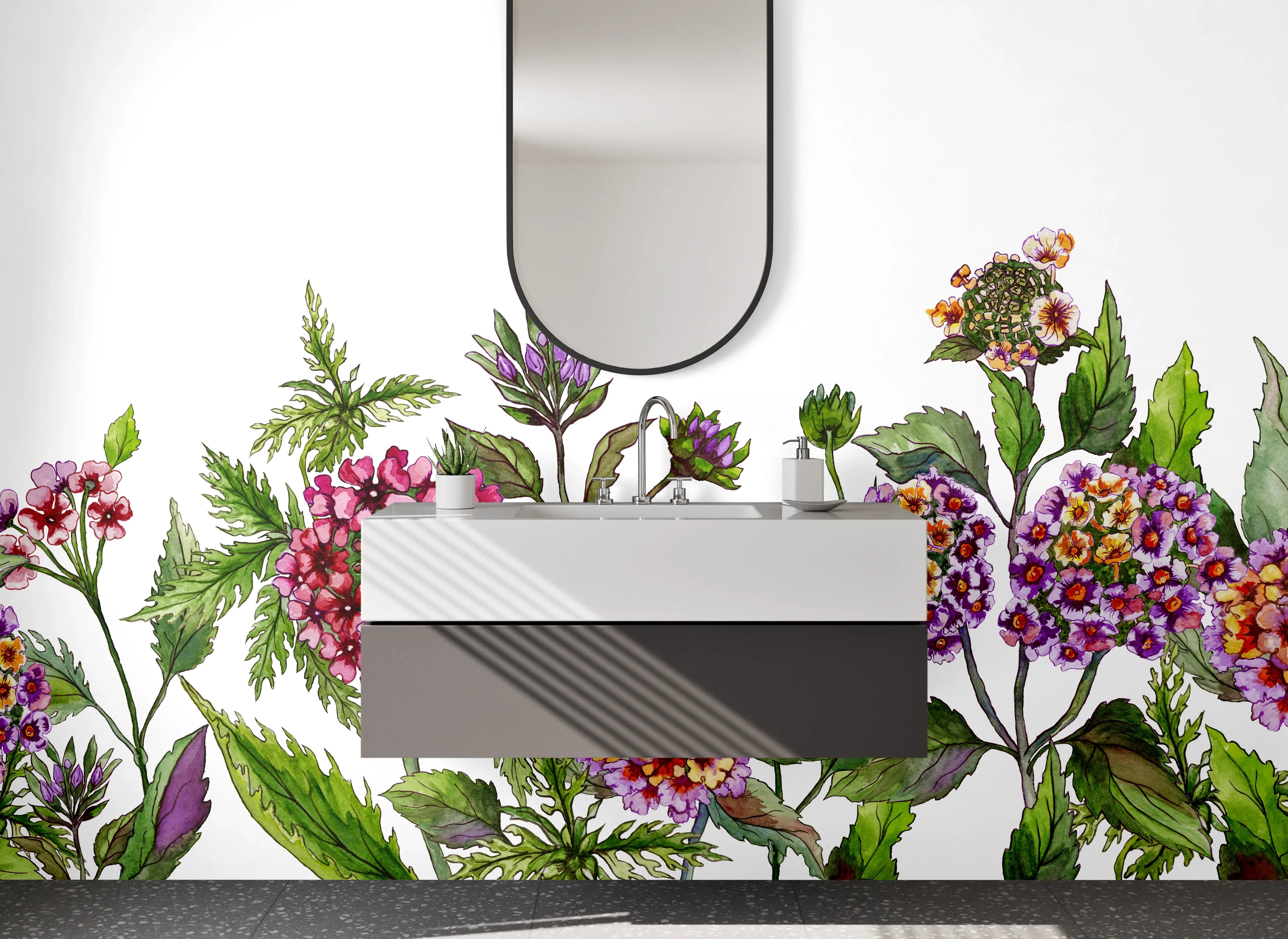 Waschbecken-Rückwand - Blumenmuster mit bunten Blüten und grünen Blättern