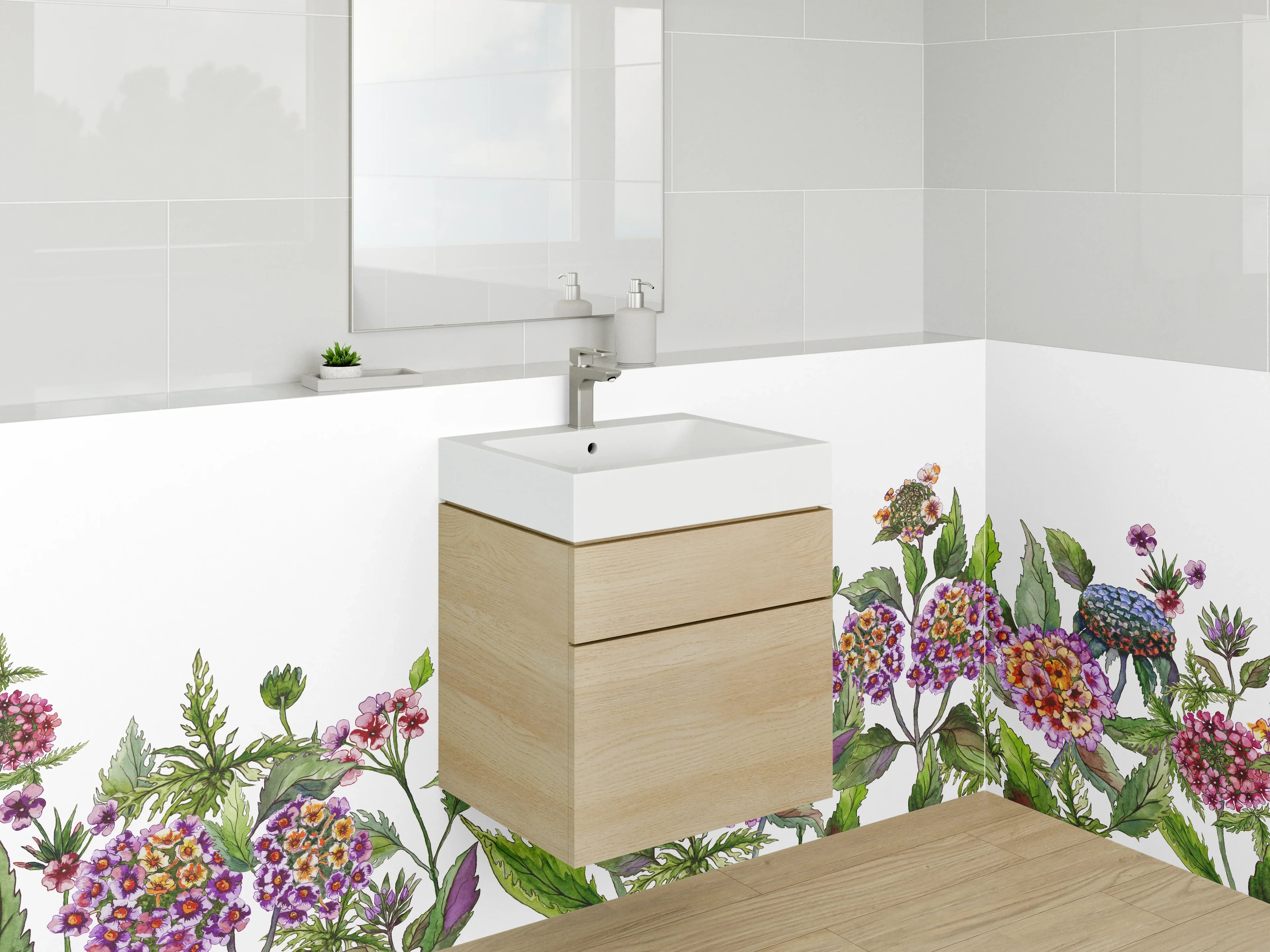 Waschbecken-Rückwand - Blumenmuster mit bunten Blüten und grünen Blättern