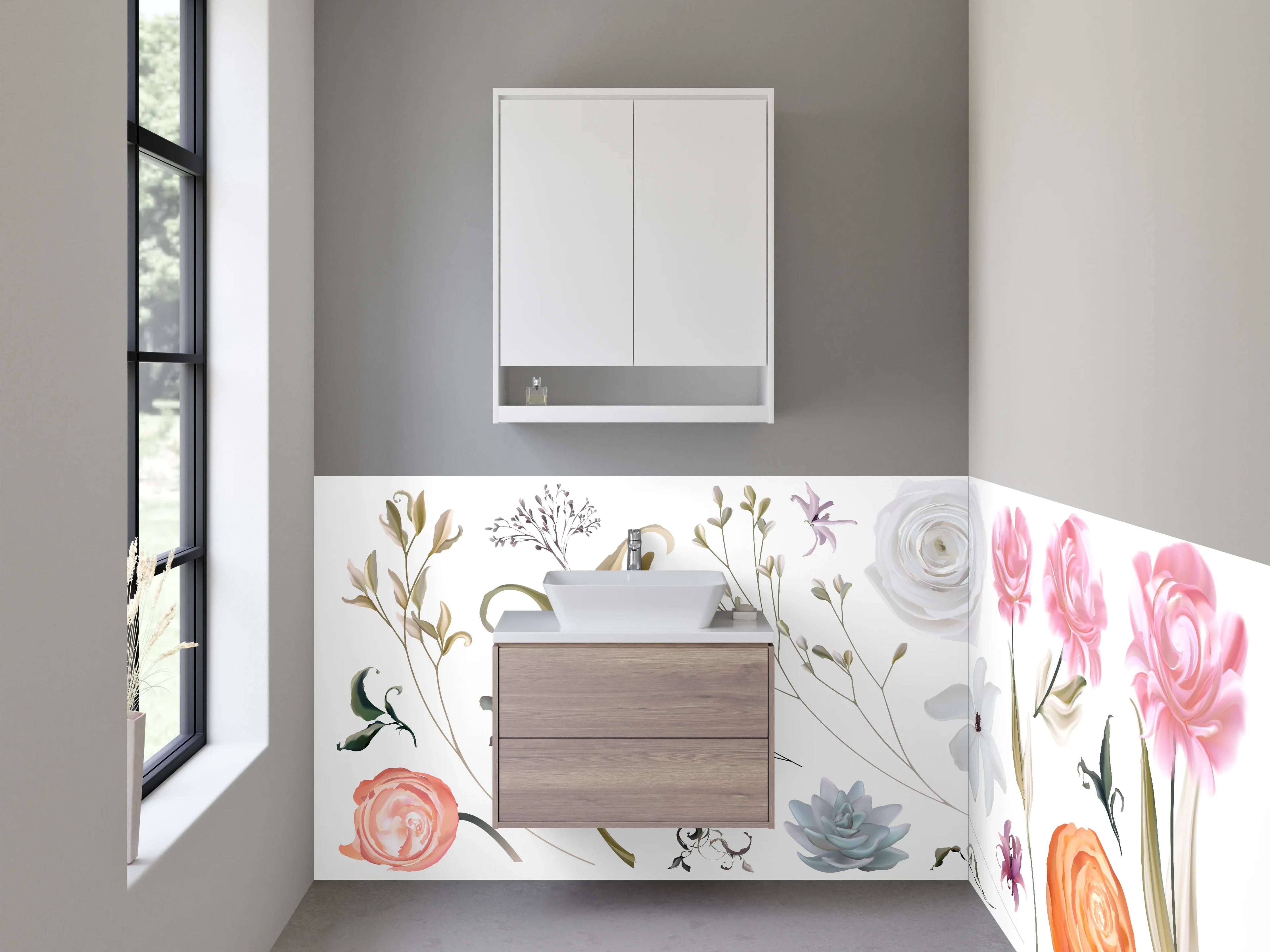 Waschbecken-Rückwand - Blumenmuster mit sanften Farbnuancen