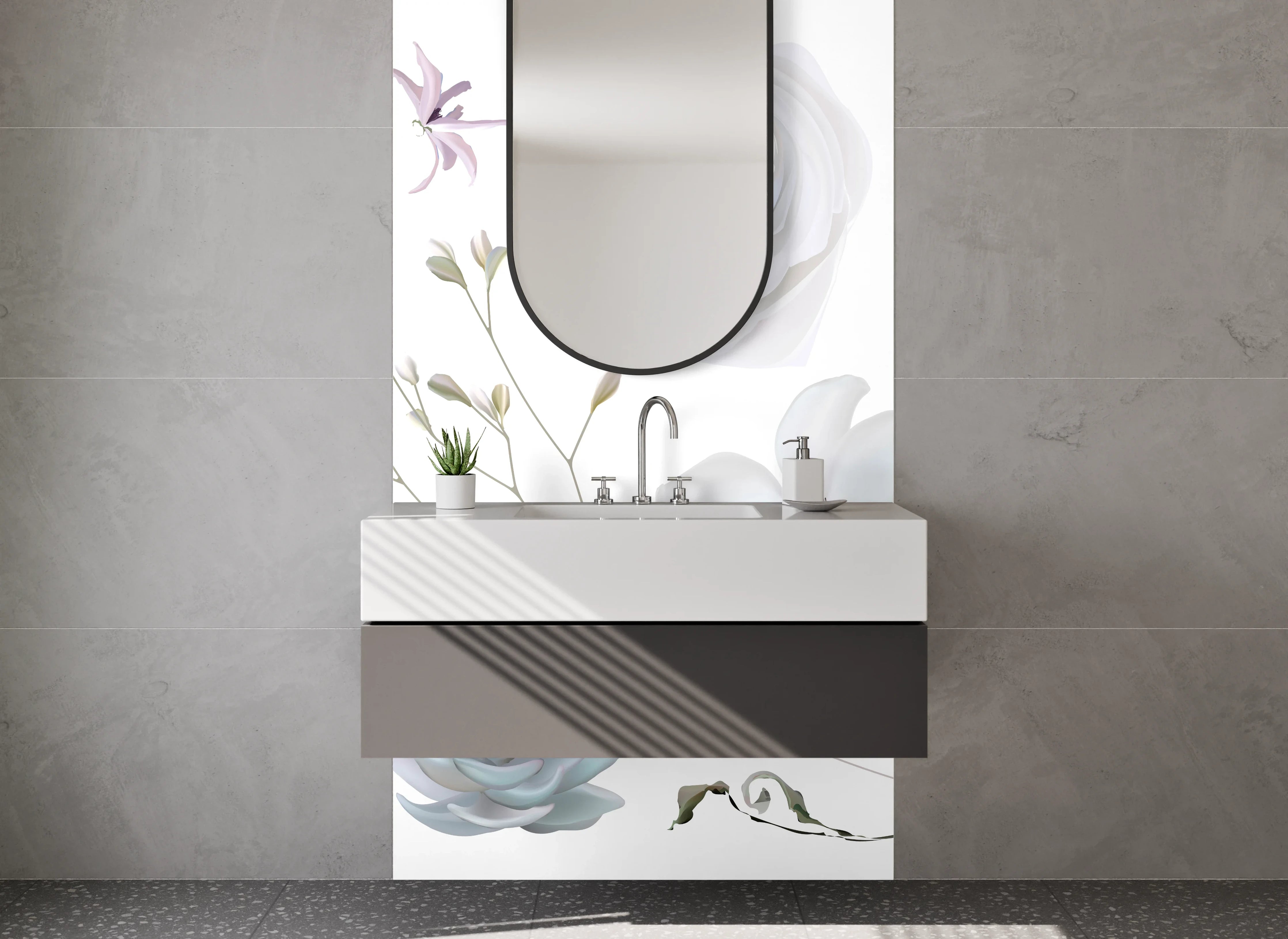 Waschbecken-Rückwand - Blumenmuster mit sanften Farbnuancen