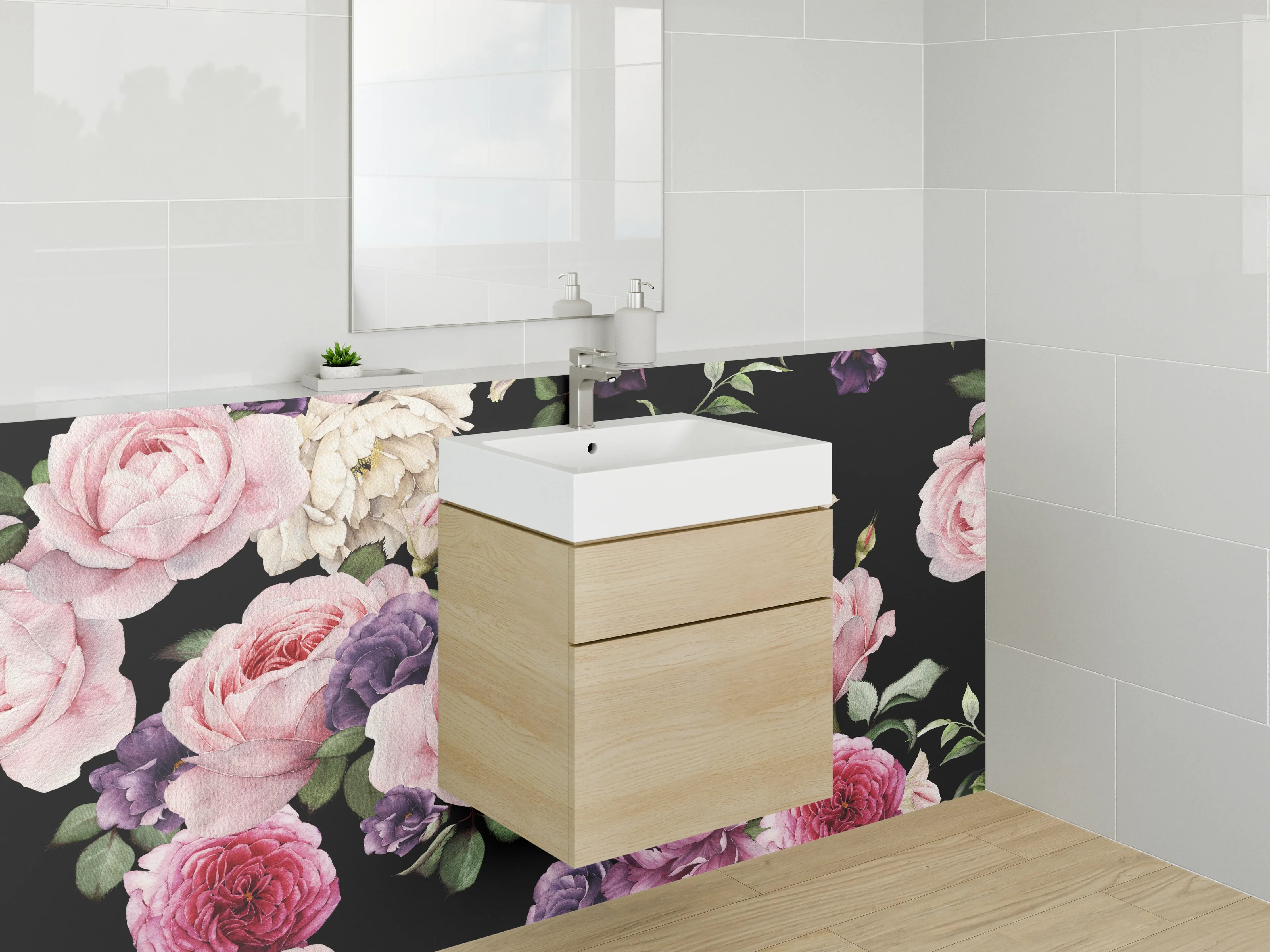 Waschbecken-Rückwand - Blumenpoesie in Grau auf Nachtschwarz