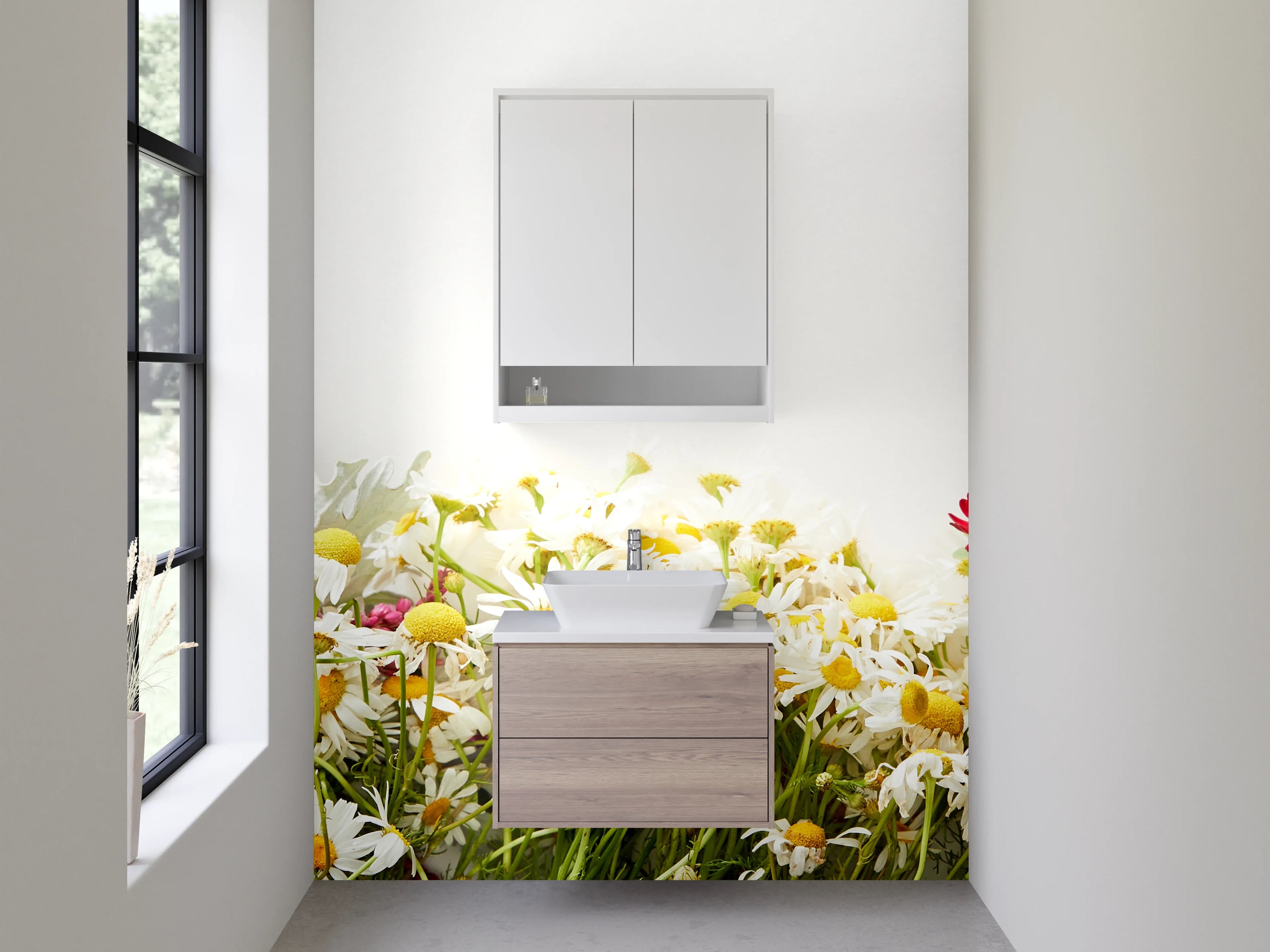 Waschbecken-Rückwand - Blumenwiese auf Weiß