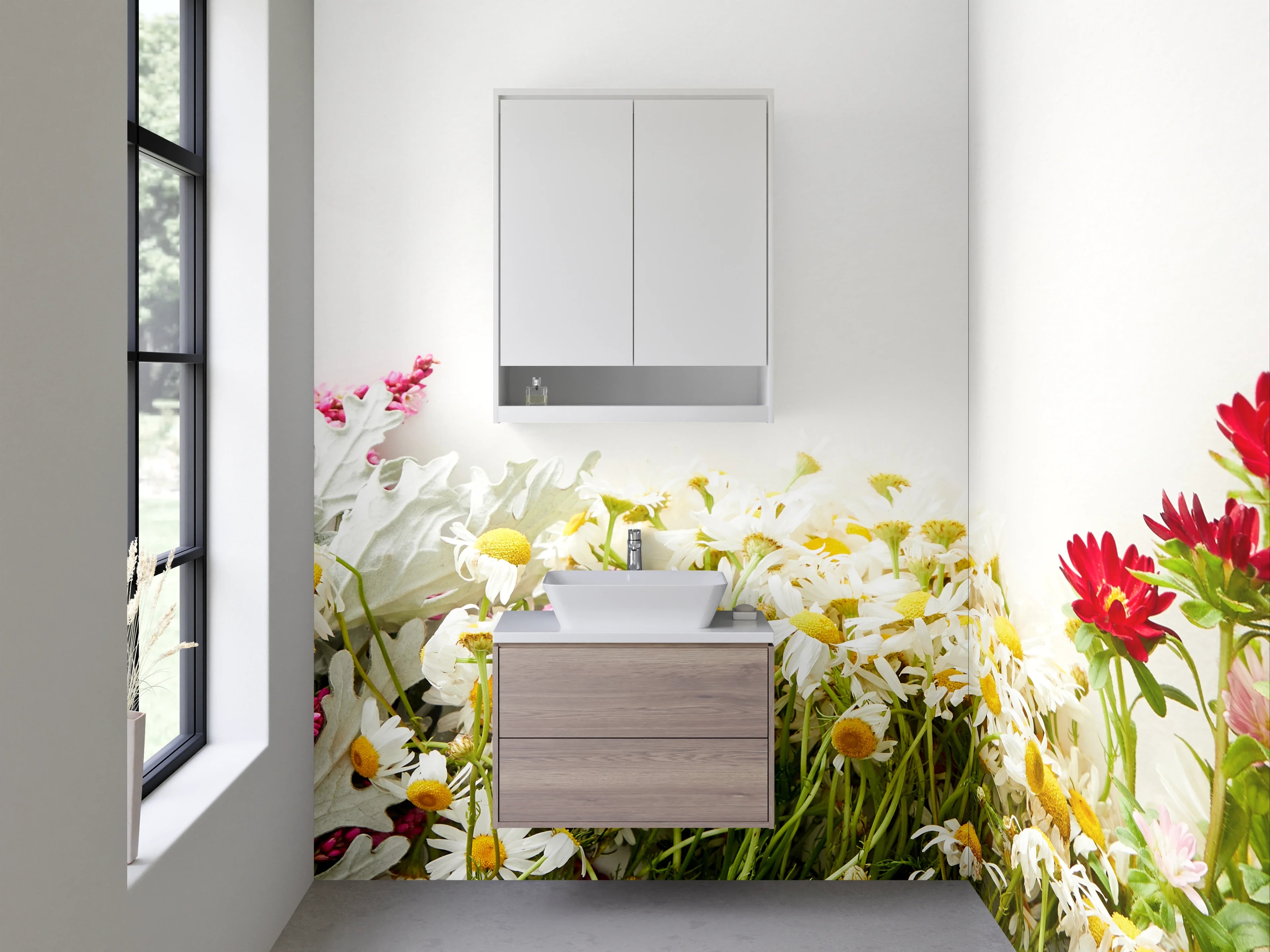 Waschbecken-Rückwand - Blumenwiese auf Weiß