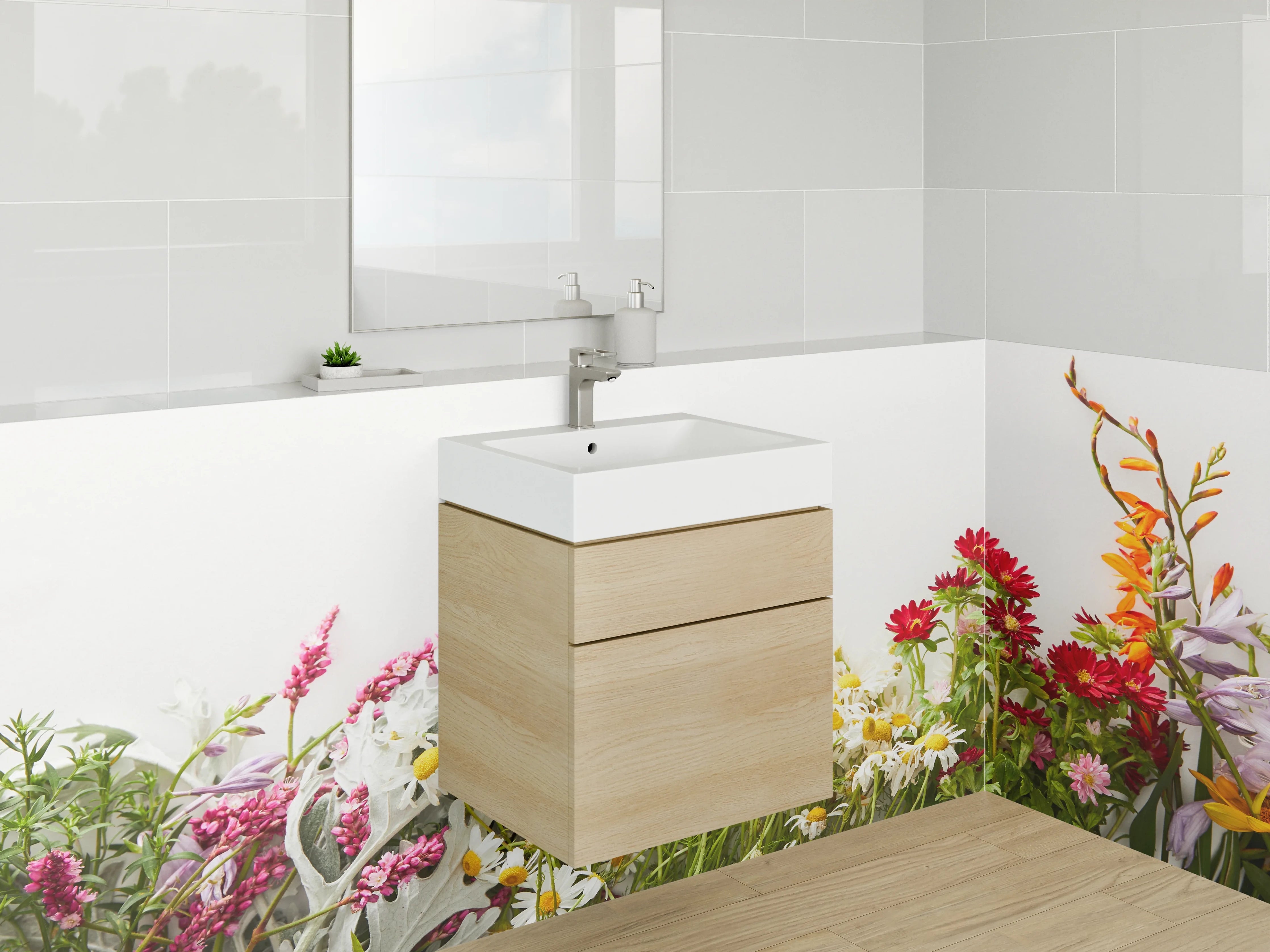 Waschbecken-Rückwand - Blumenwiese auf Weiß