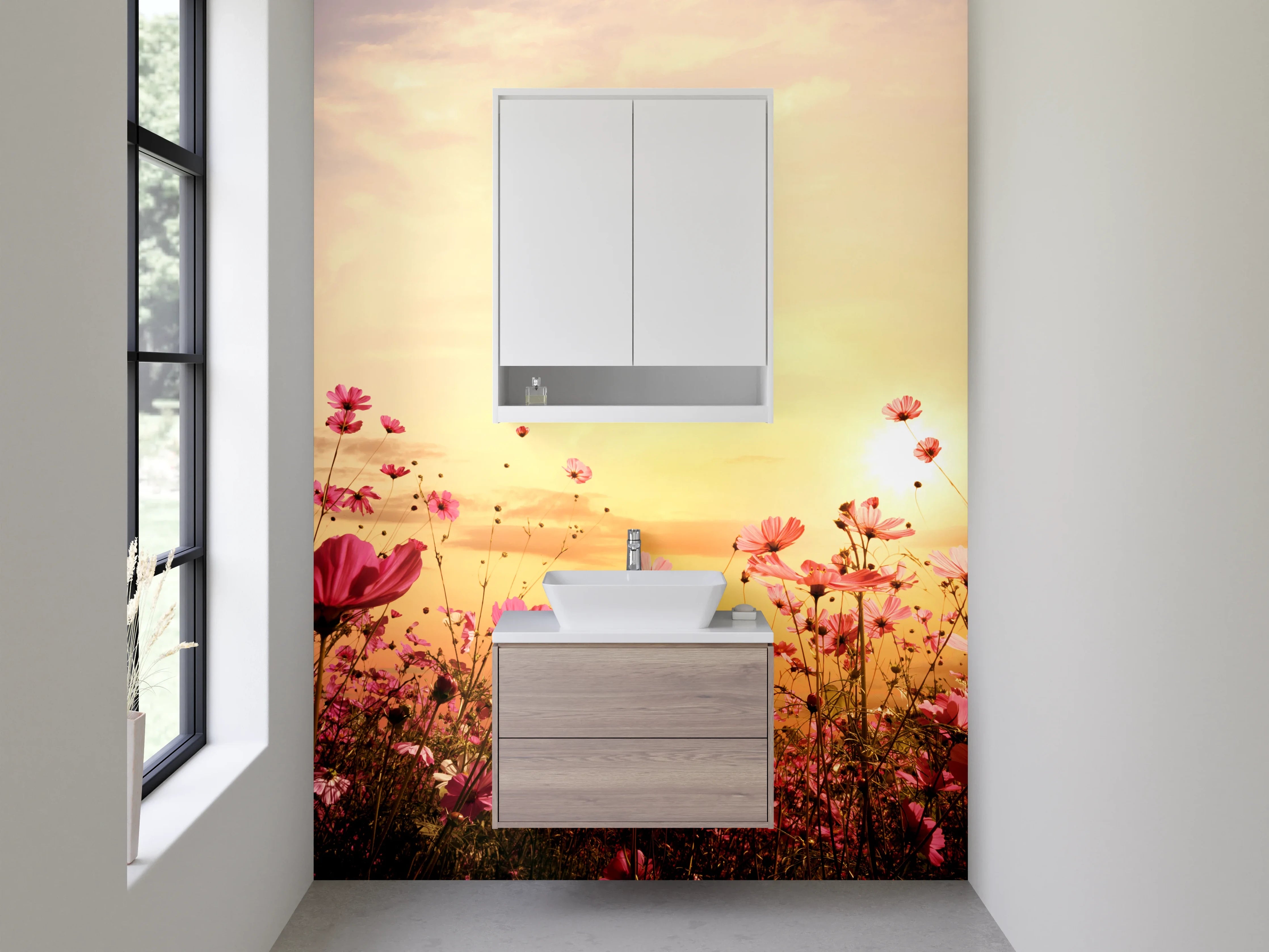 Waschbecken-Rückwand - Blumenwiese im Sonnenuntergang Panorama