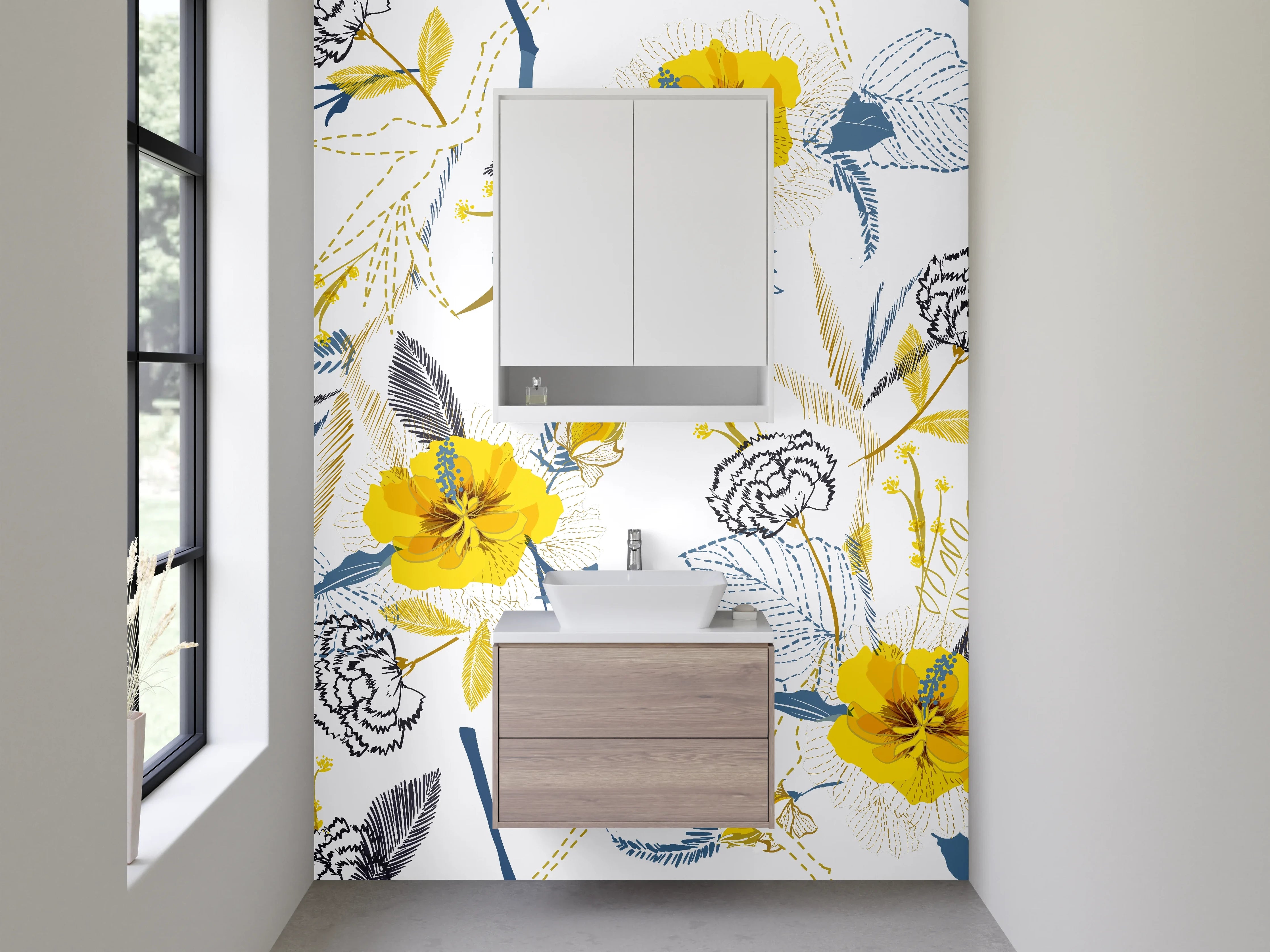 Waschbecken-Rückwand - Blumiges Aquarell-Design gelb blau