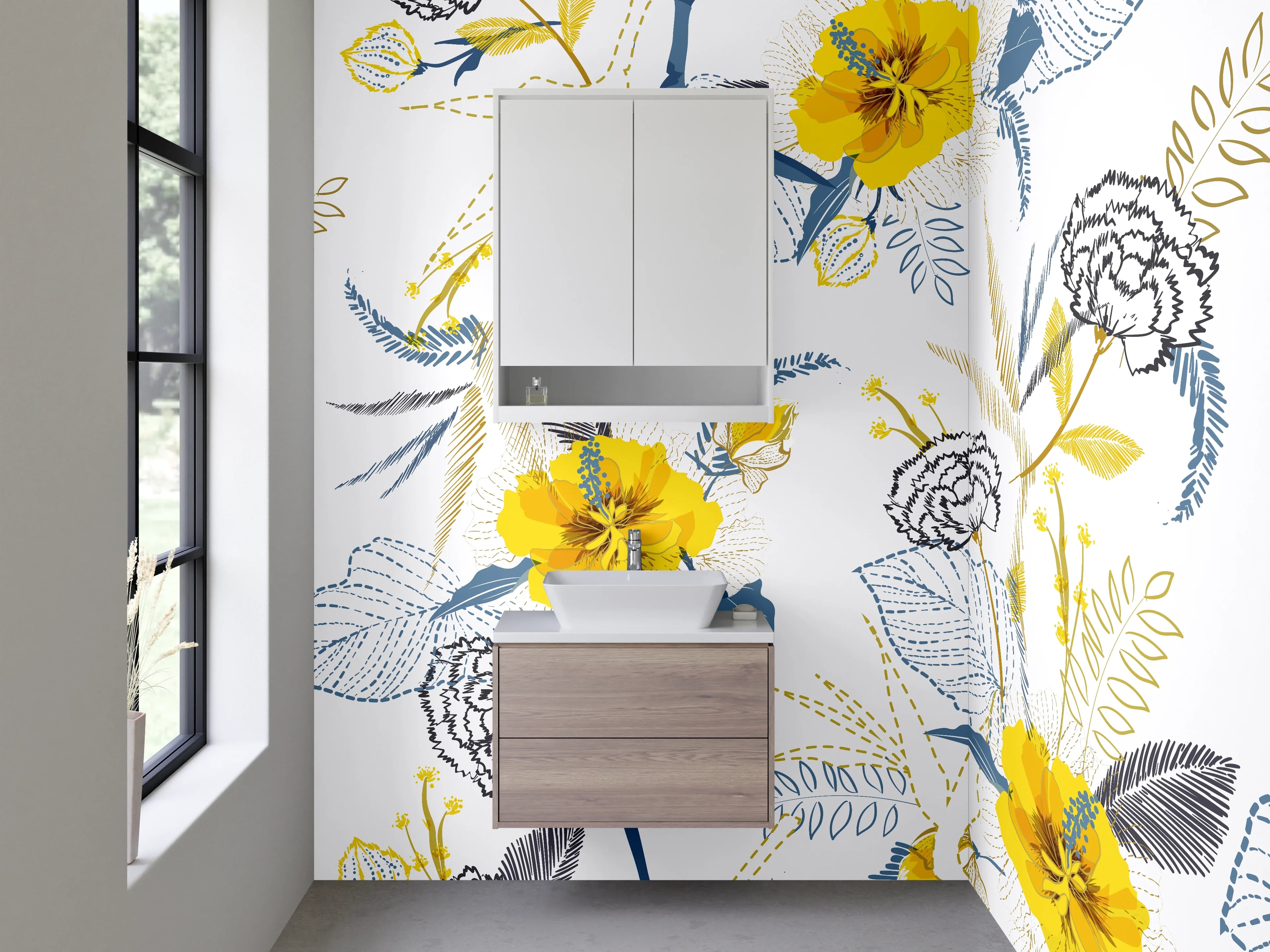 Waschbecken-Rückwand - Blumiges Aquarell-Design gelb blau