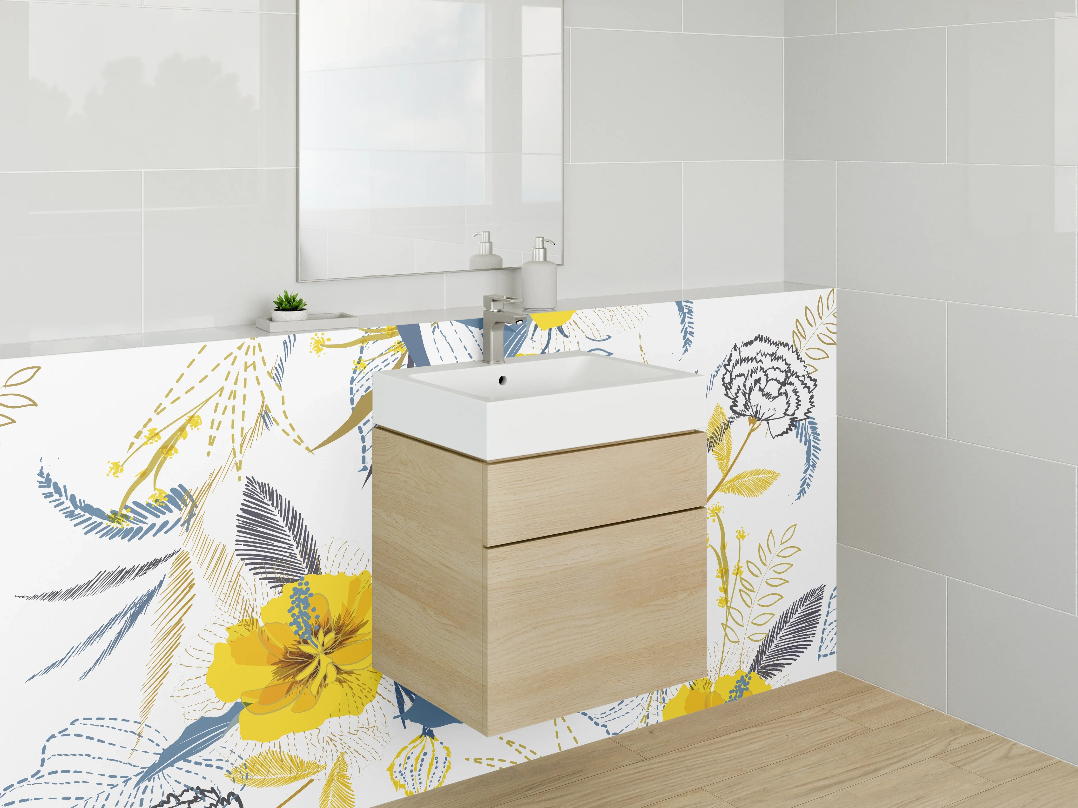 Waschbecken-Rückwand - Blumiges Aquarell-Design gelb blau