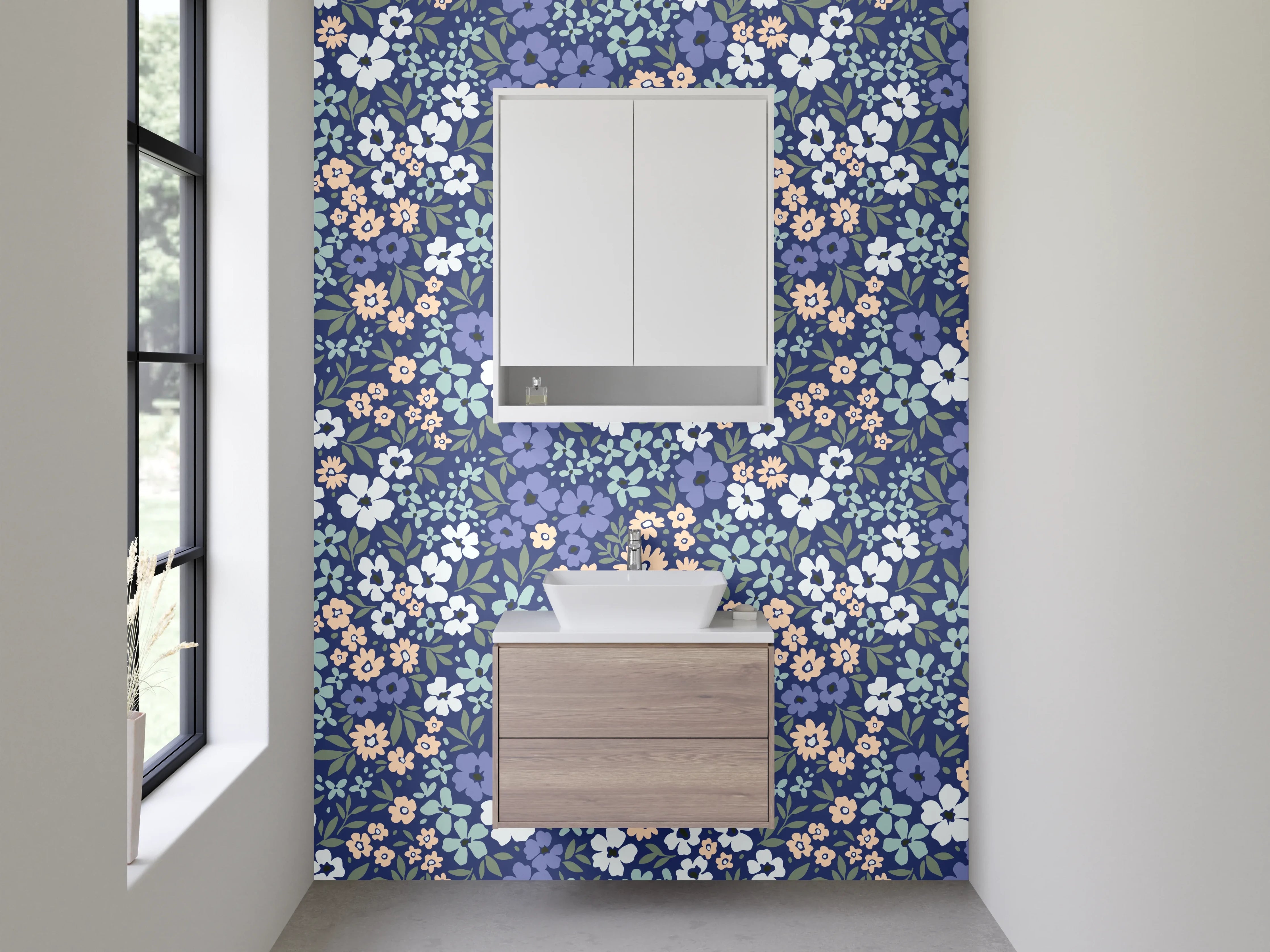 Waschbecken-Rückwand - Blumiges Retro-Muster Blau Beige Weiß