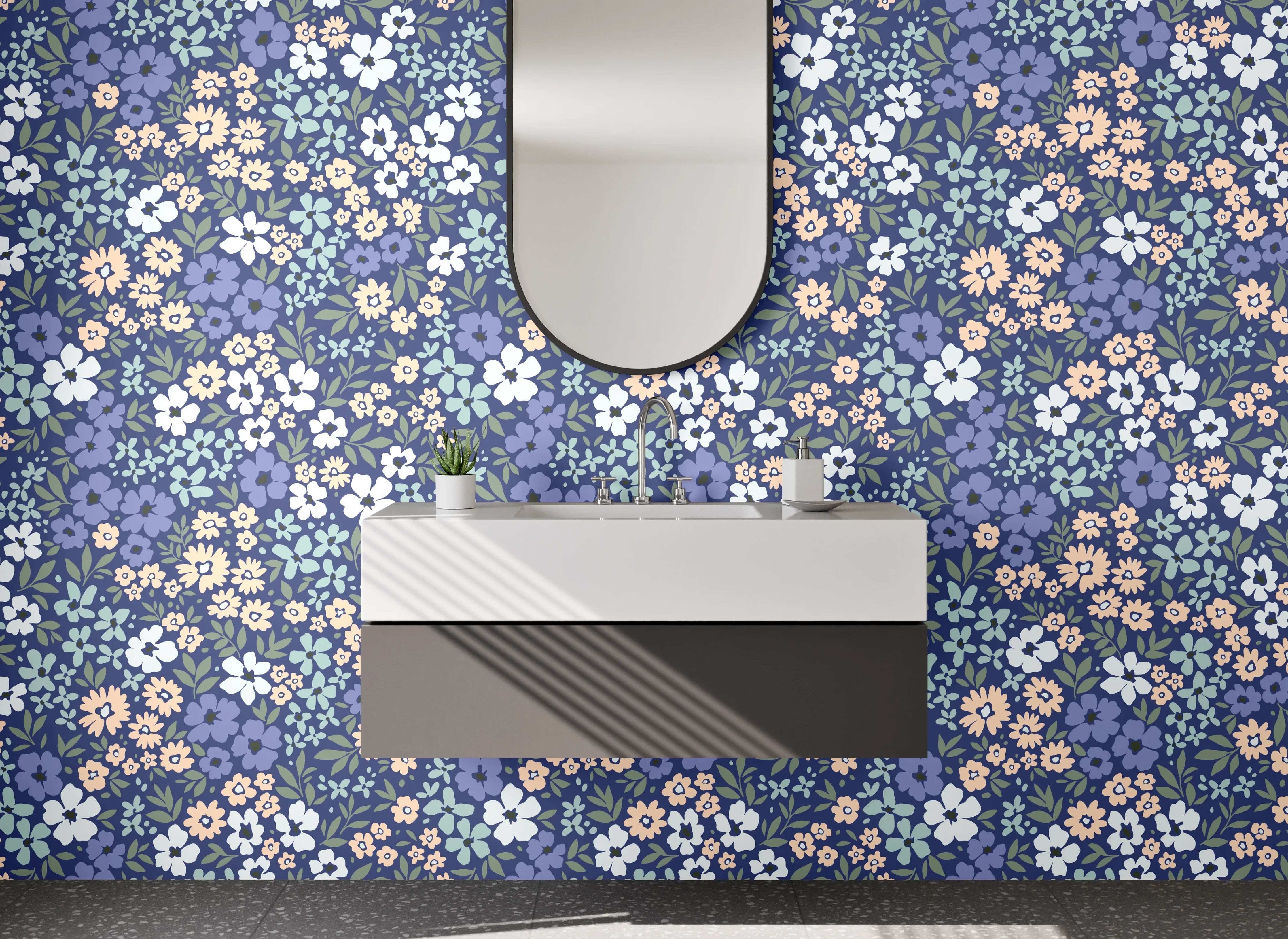 Waschbecken-Rückwand - Blumiges Retro-Muster Blau Beige Weiß