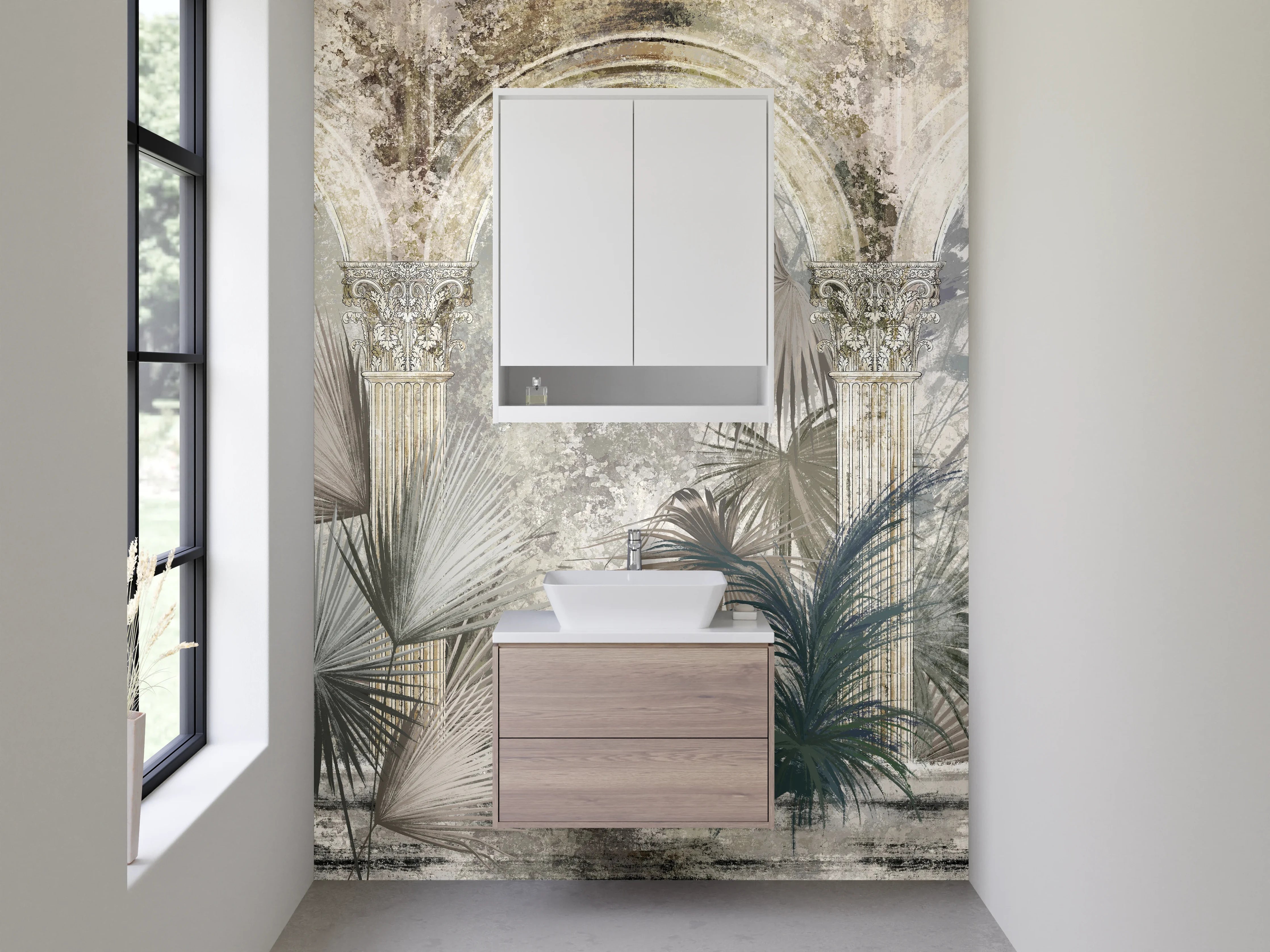 Waschbecken-Rückwand - Botanische Antike Illustration Grau-Beige