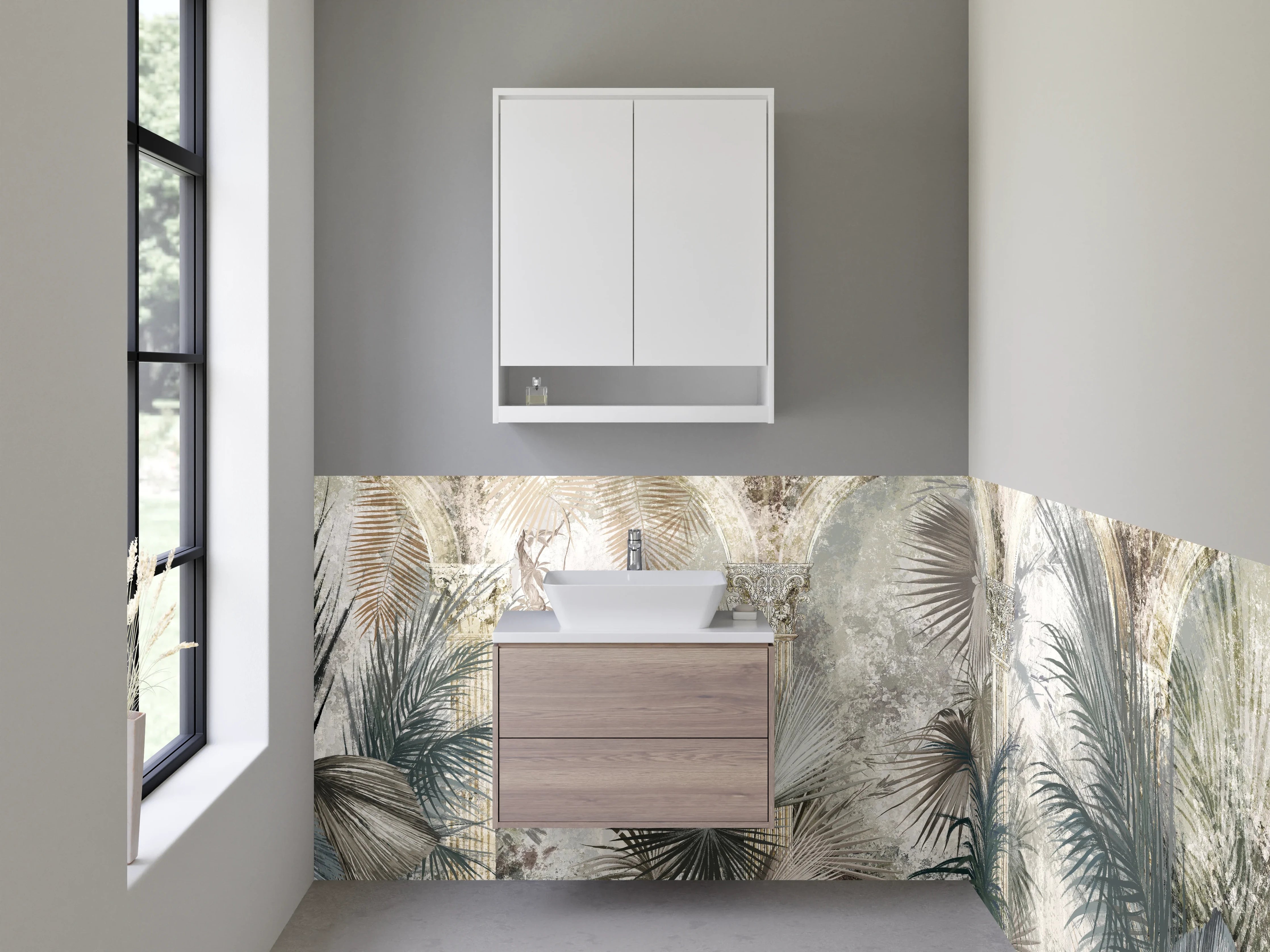 Waschbecken-Rückwand - Botanische Antike Illustration Grau-Beige