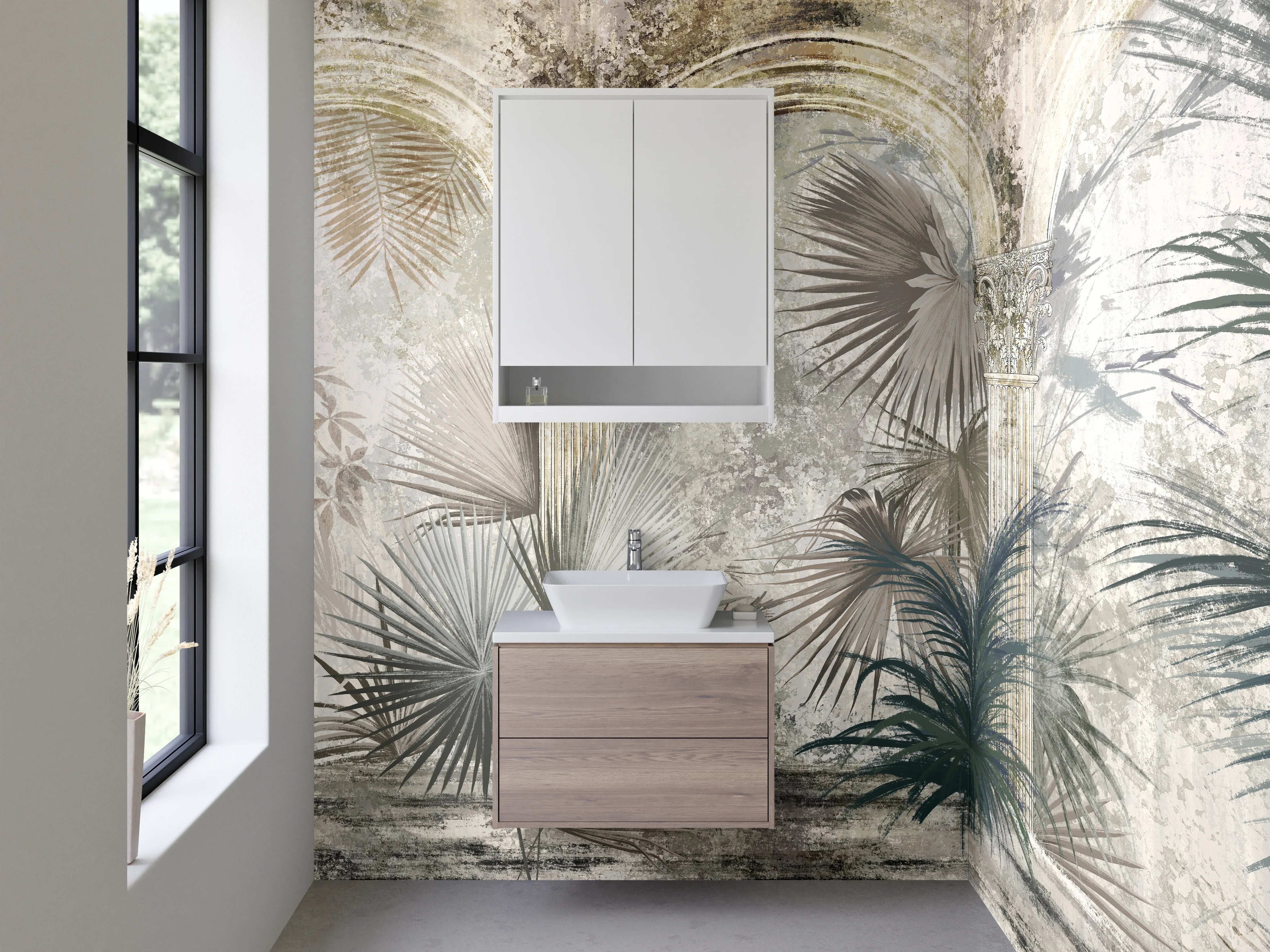 Waschbecken-Rückwand - Botanische Antike Illustration Grau-Beige