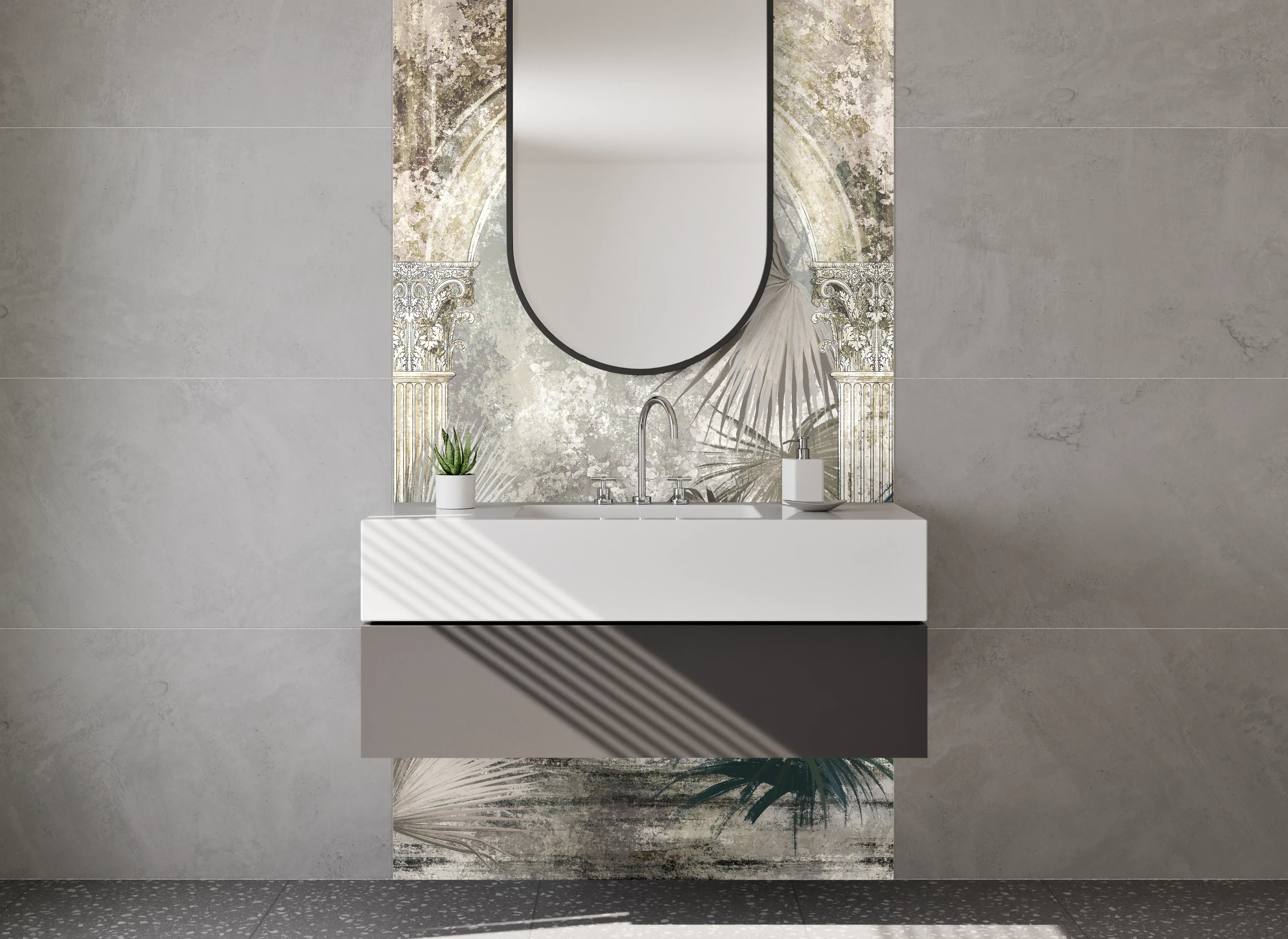 Waschbecken-Rückwand - Botanische Antike Illustration Grau-Beige