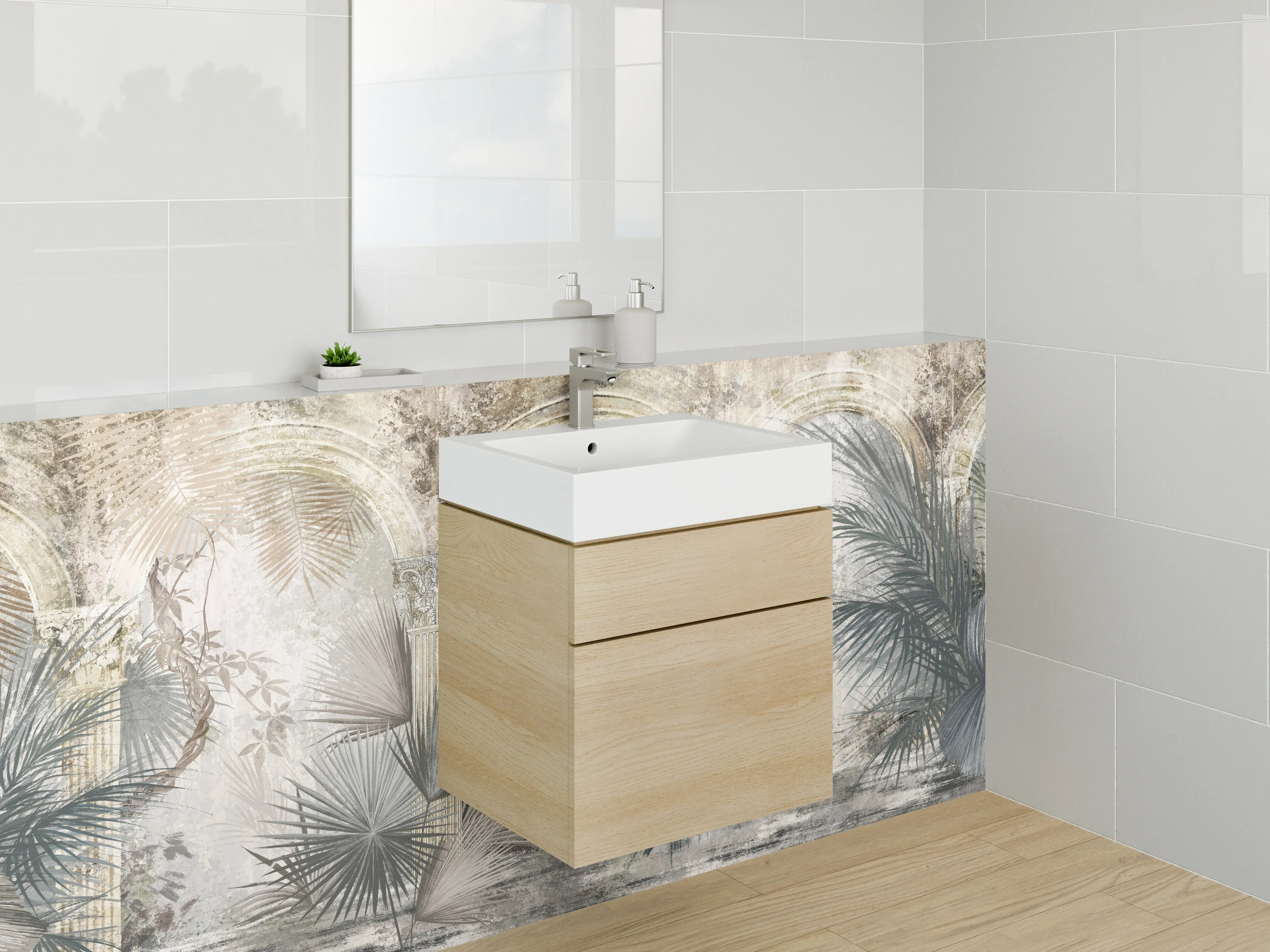Waschbecken-Rückwand - Botanische Antike Illustration Grau-Beige