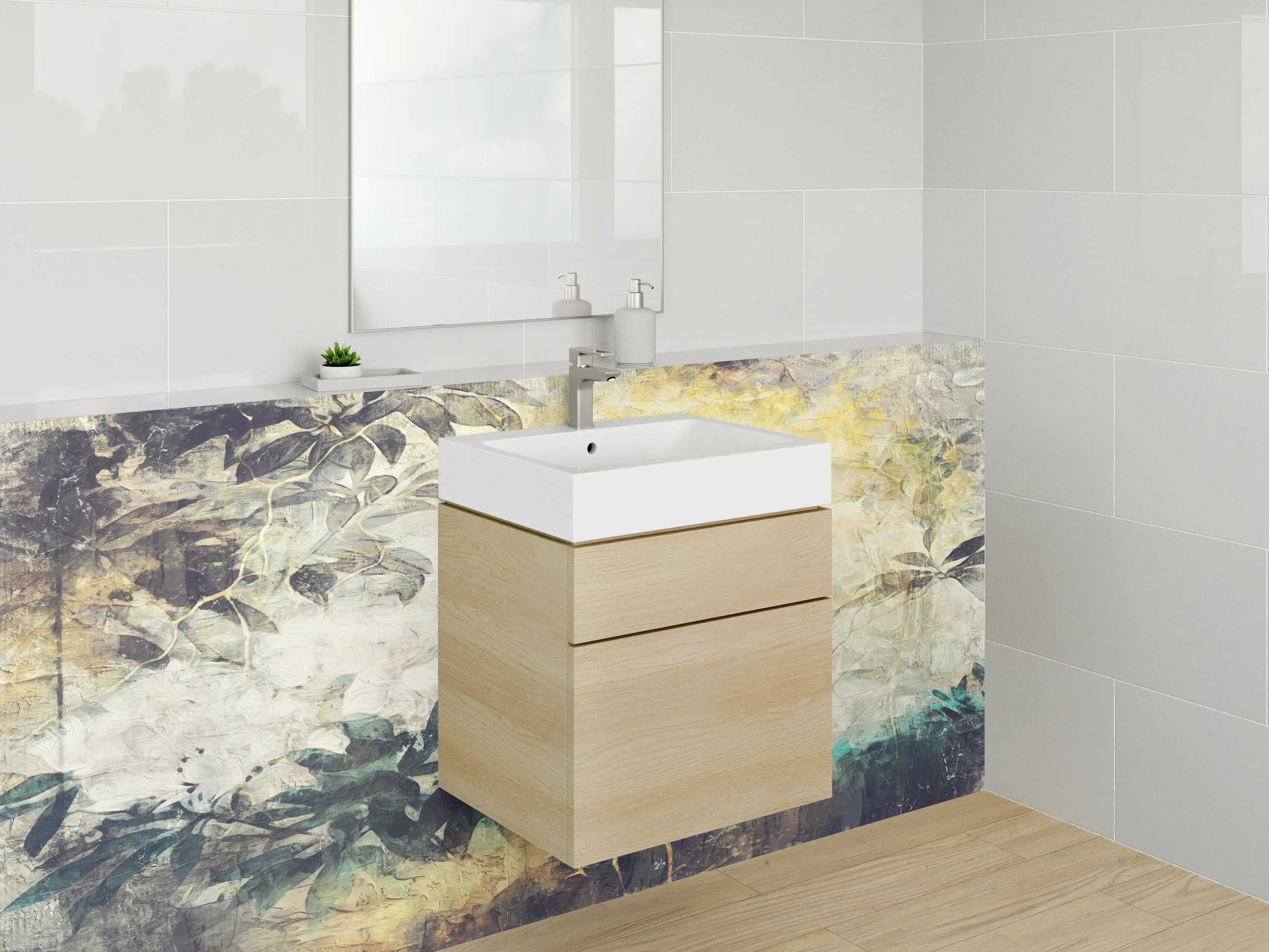 Waschbecken-Rückwand - Botanische Aquarell-Atmosphäre Pflanze Weißgrau