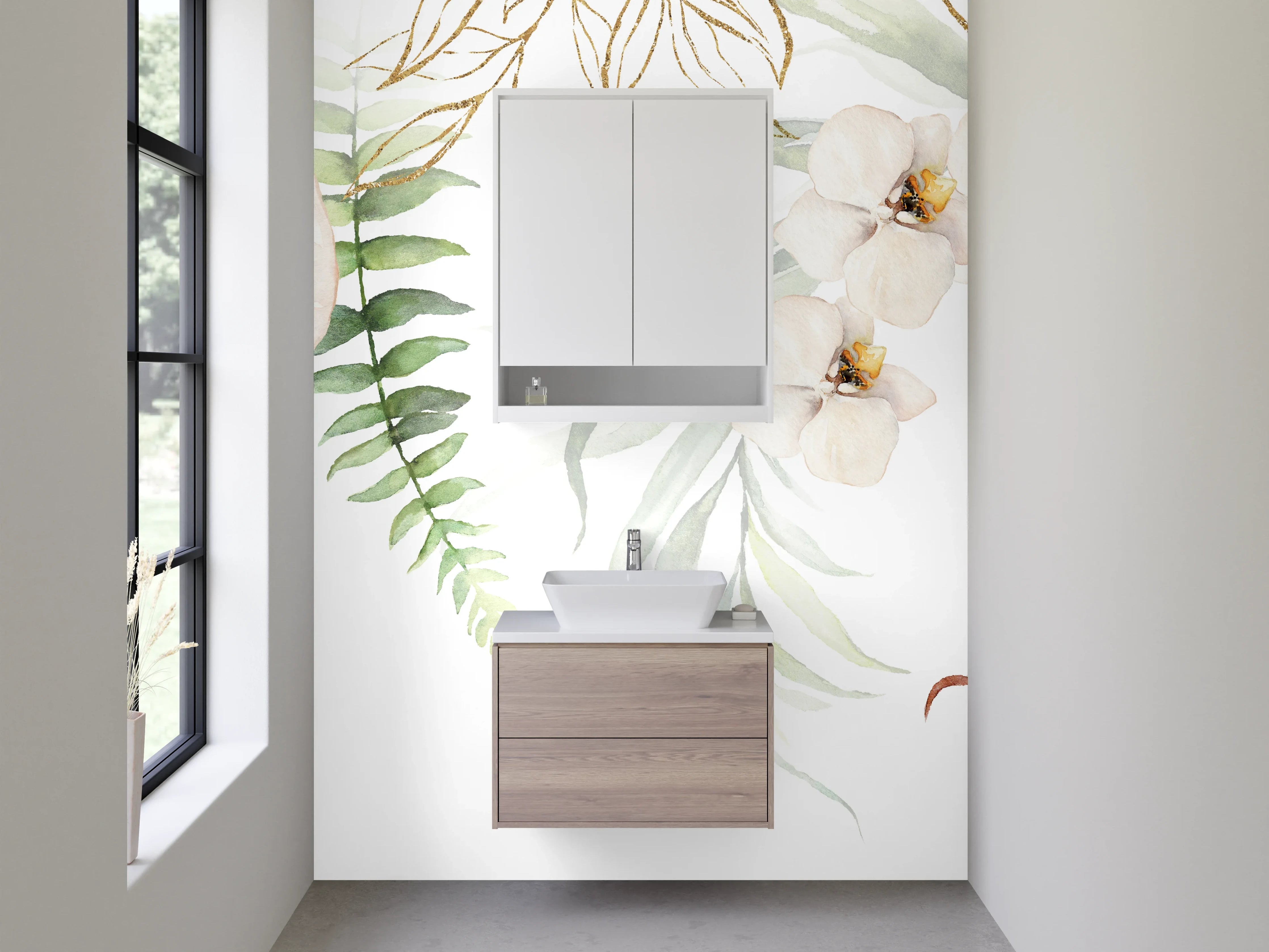 Waschbecken-Rückwand - Botanische Aquarell-Floristik in Beige Weiß