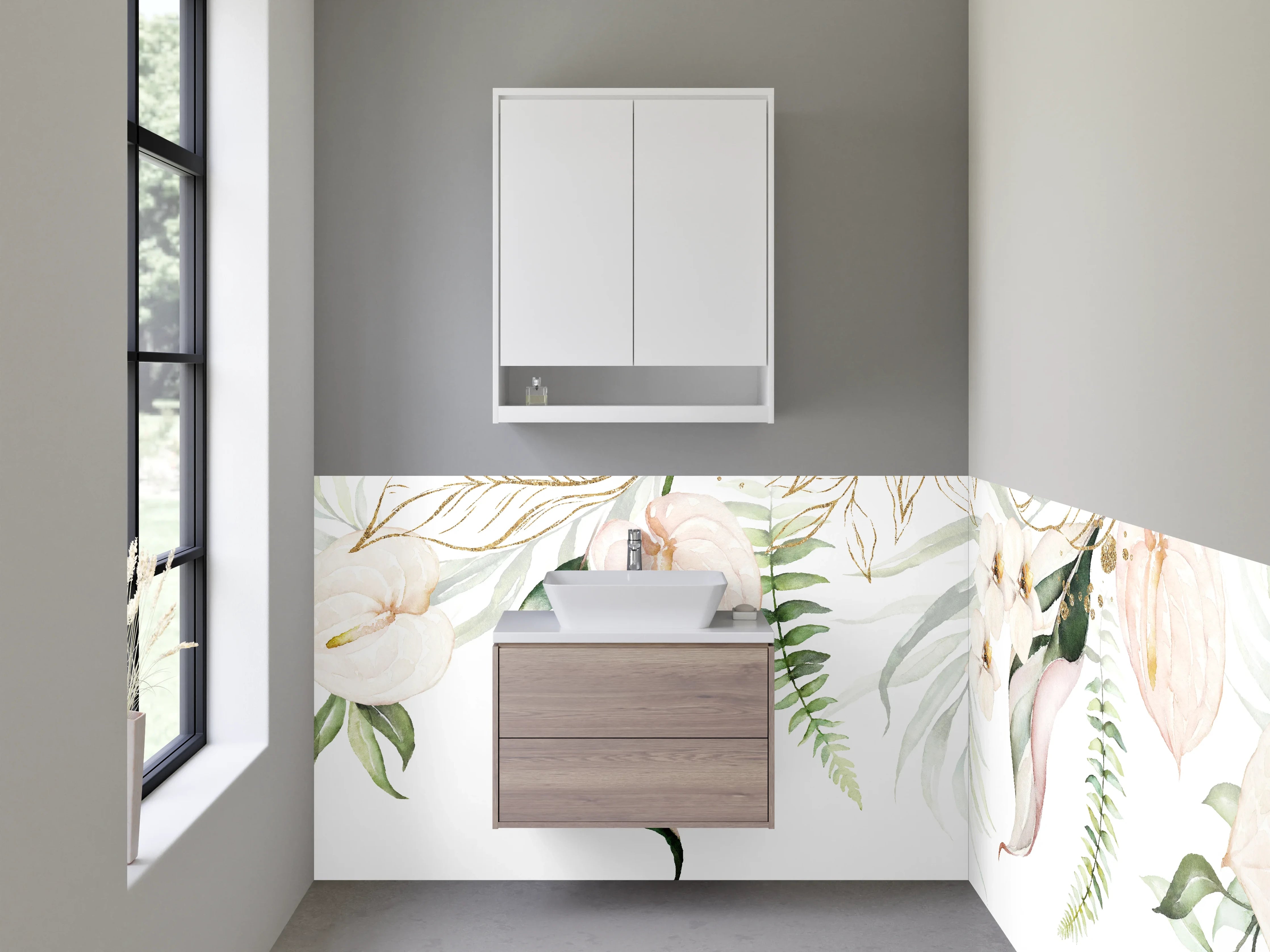 Waschbecken-Rückwand - Botanische Aquarell-Floristik in Beige Weiß