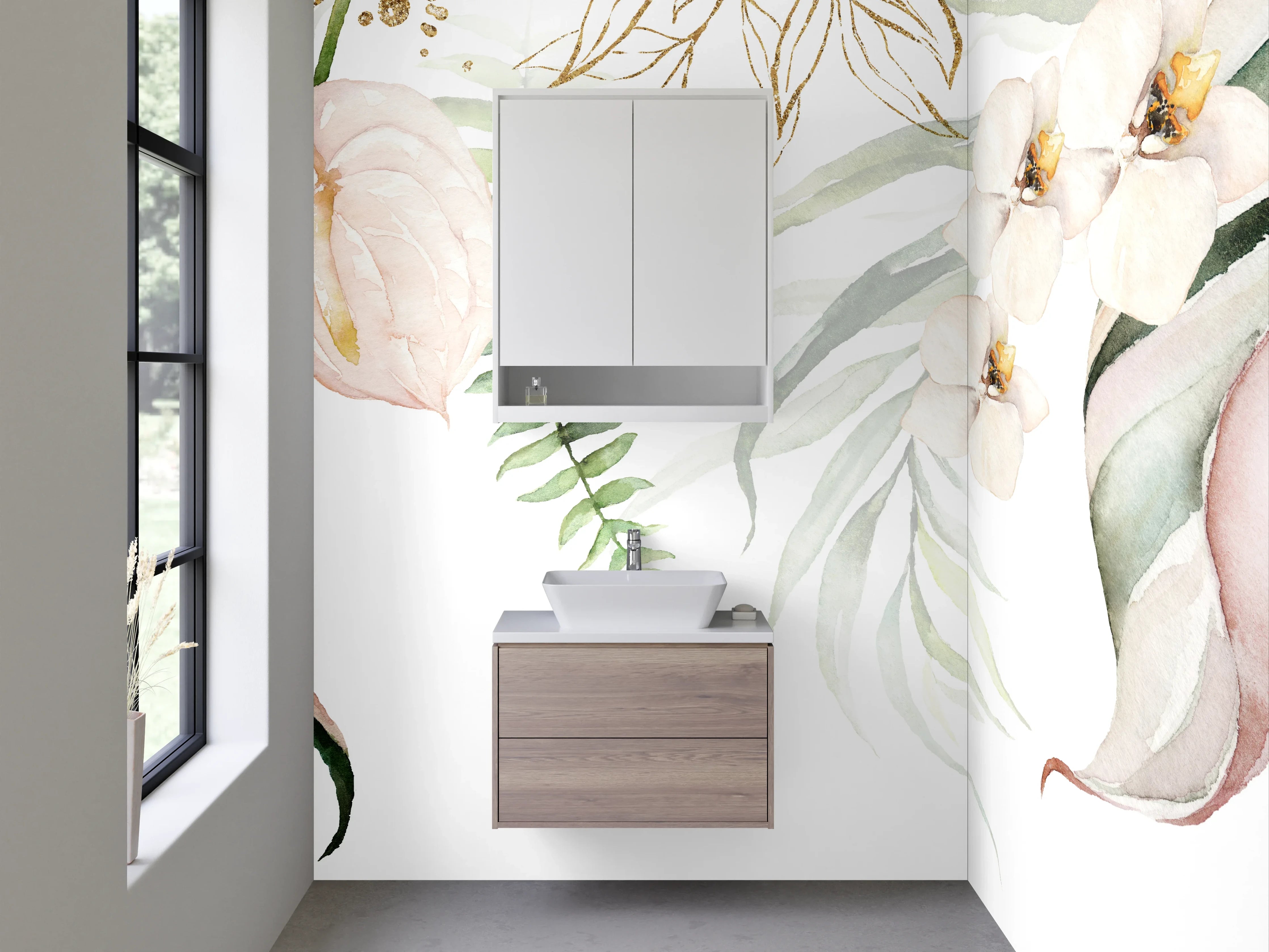 Waschbecken-Rückwand - Botanische Aquarell-Floristik in Beige Weiß