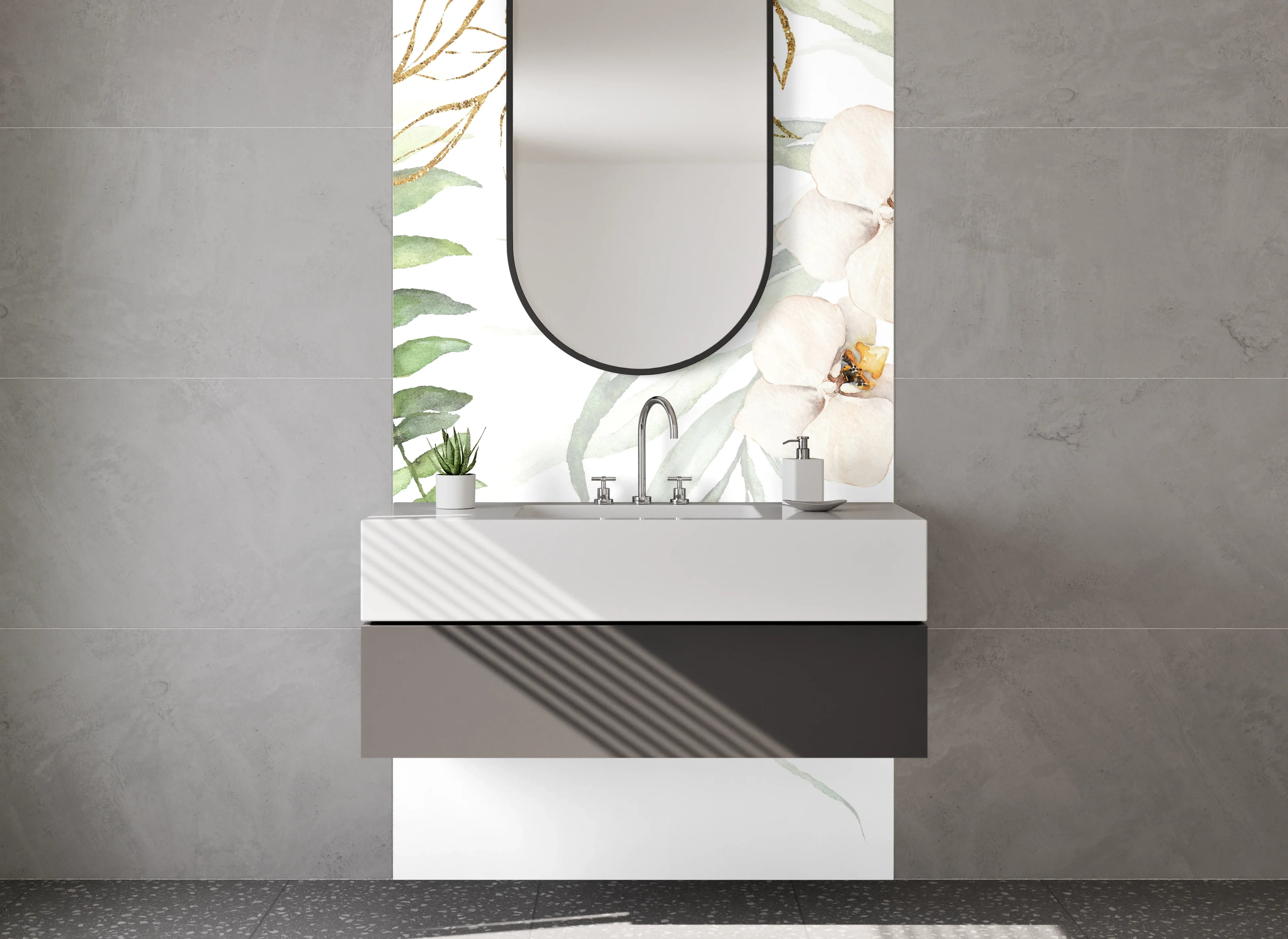 Waschbecken-Rückwand - Botanische Aquarell-Floristik in Beige Weiß