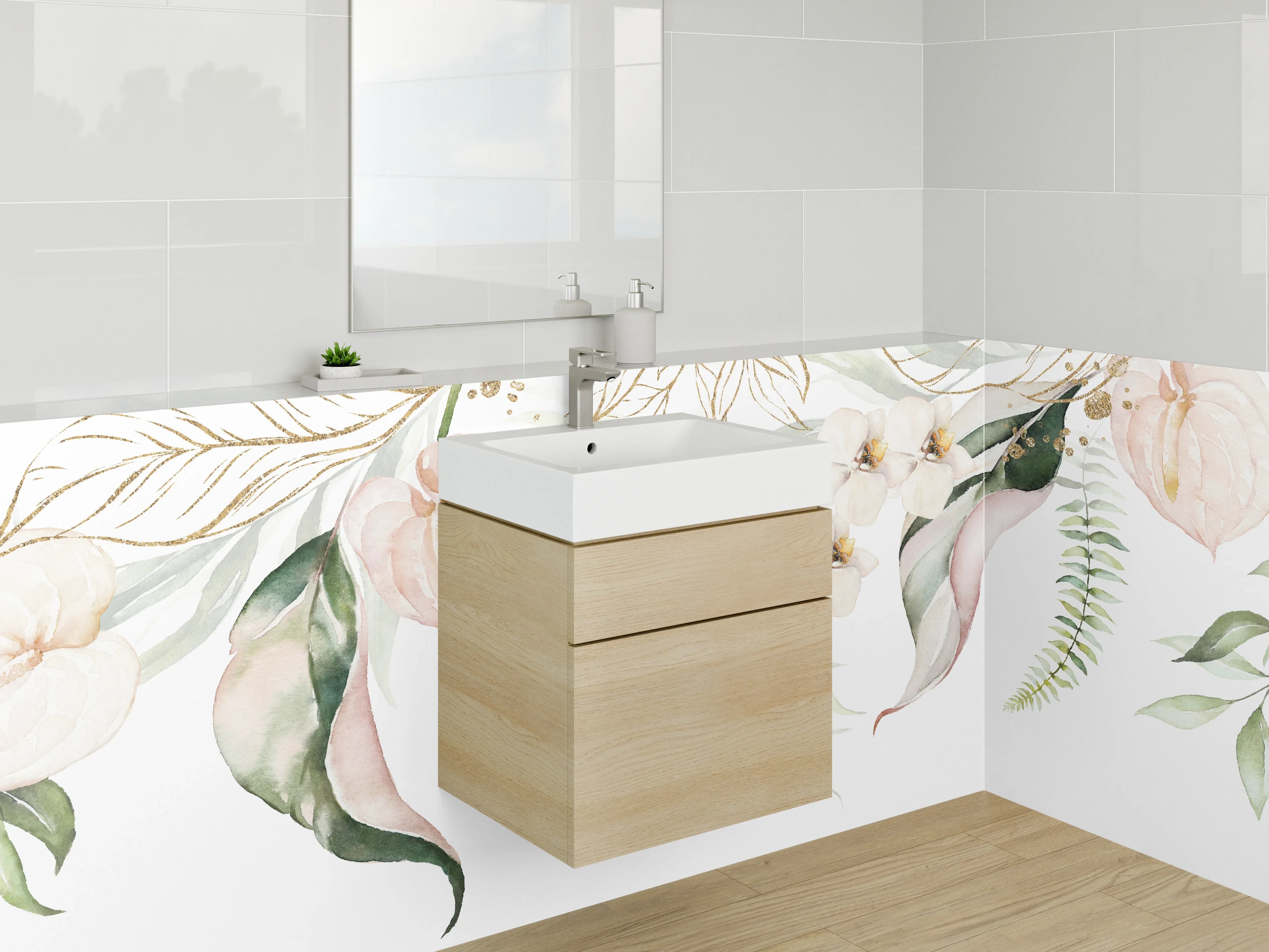 Waschbecken-Rückwand - Botanische Aquarell-Floristik in Beige Weiß