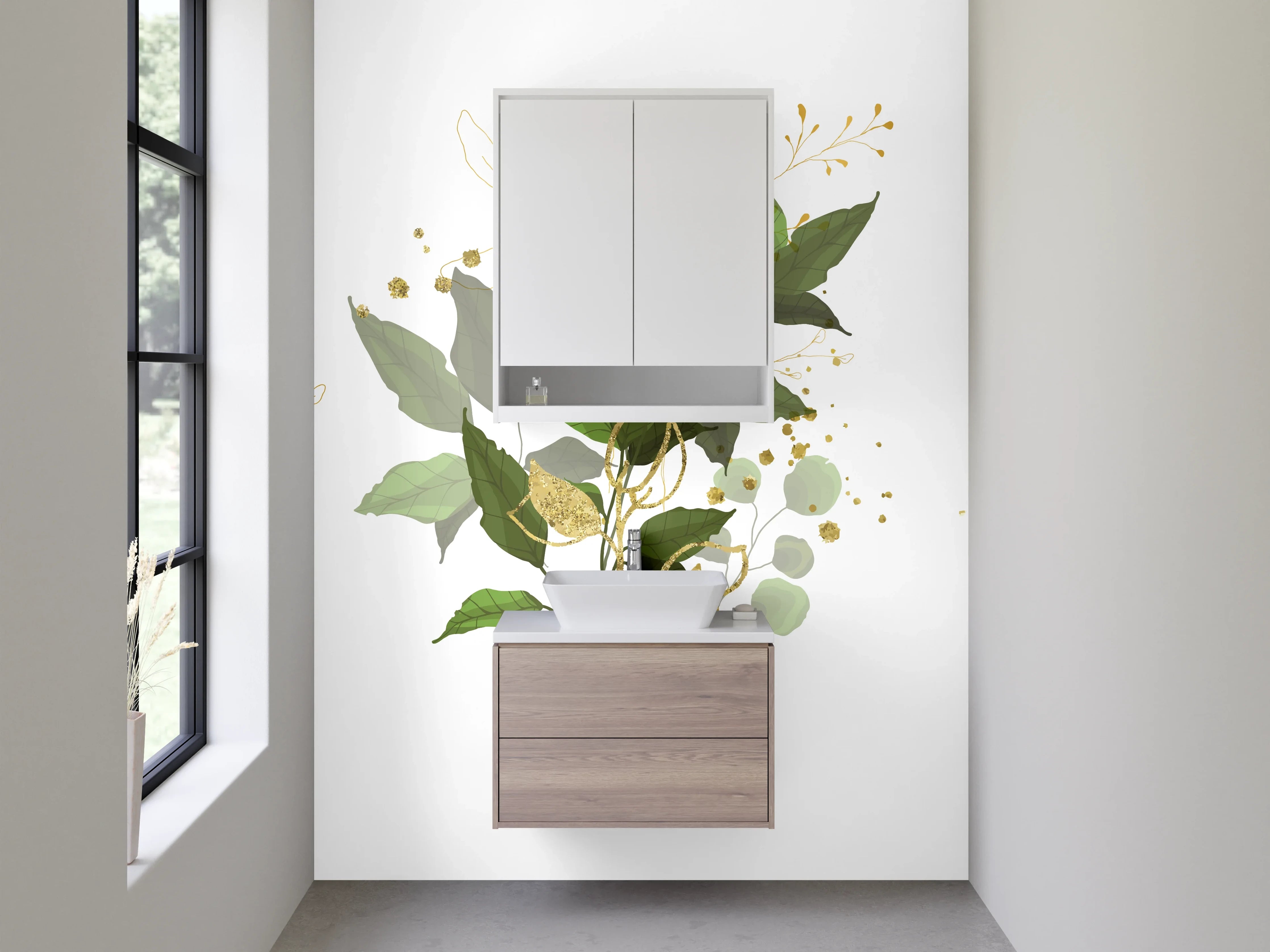 Waschbecken-Rückwand - Botanische Aquarellblätter Gold Akzent