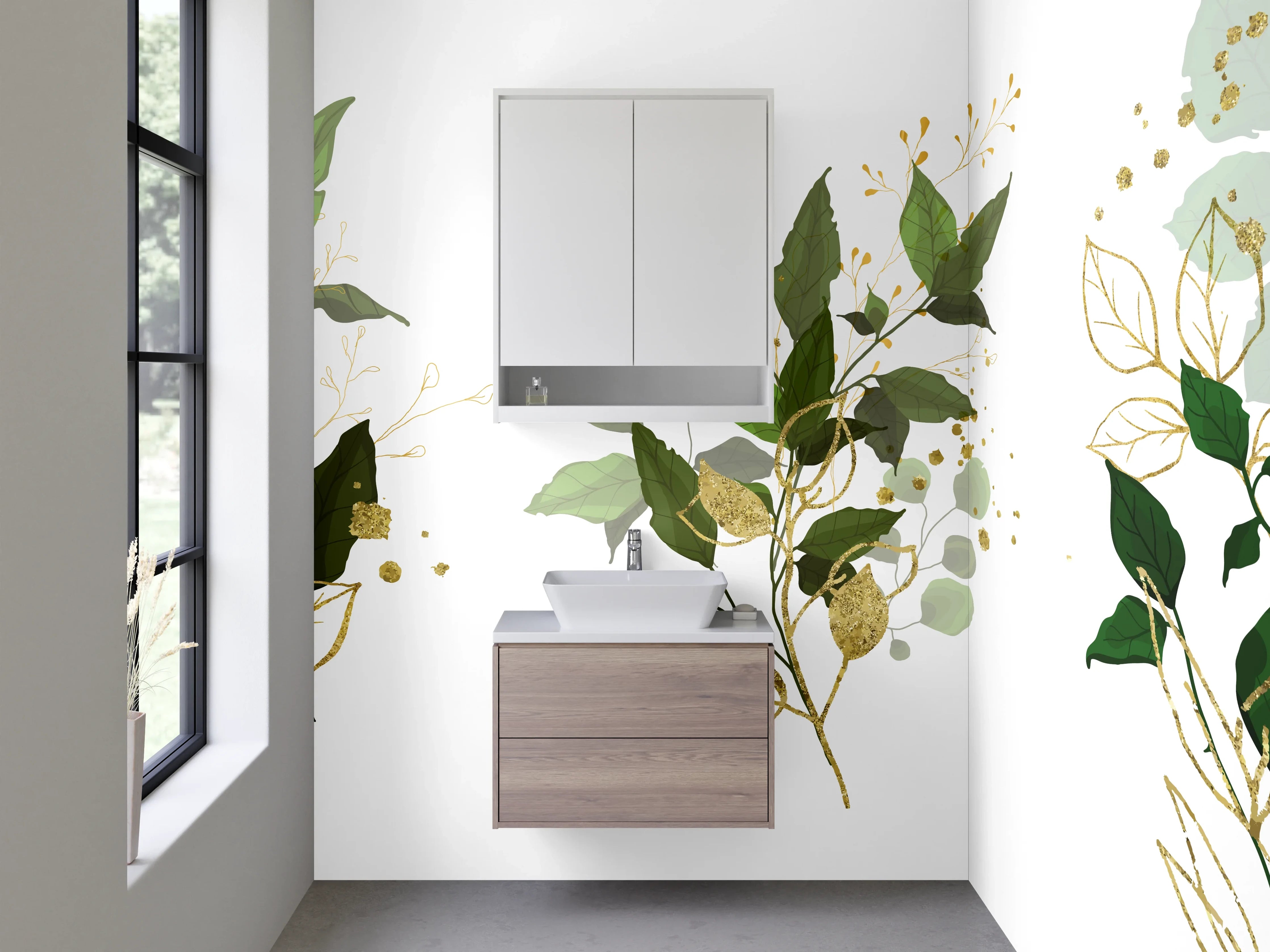 Waschbecken-Rückwand - Botanische Aquarellblätter Gold Akzent