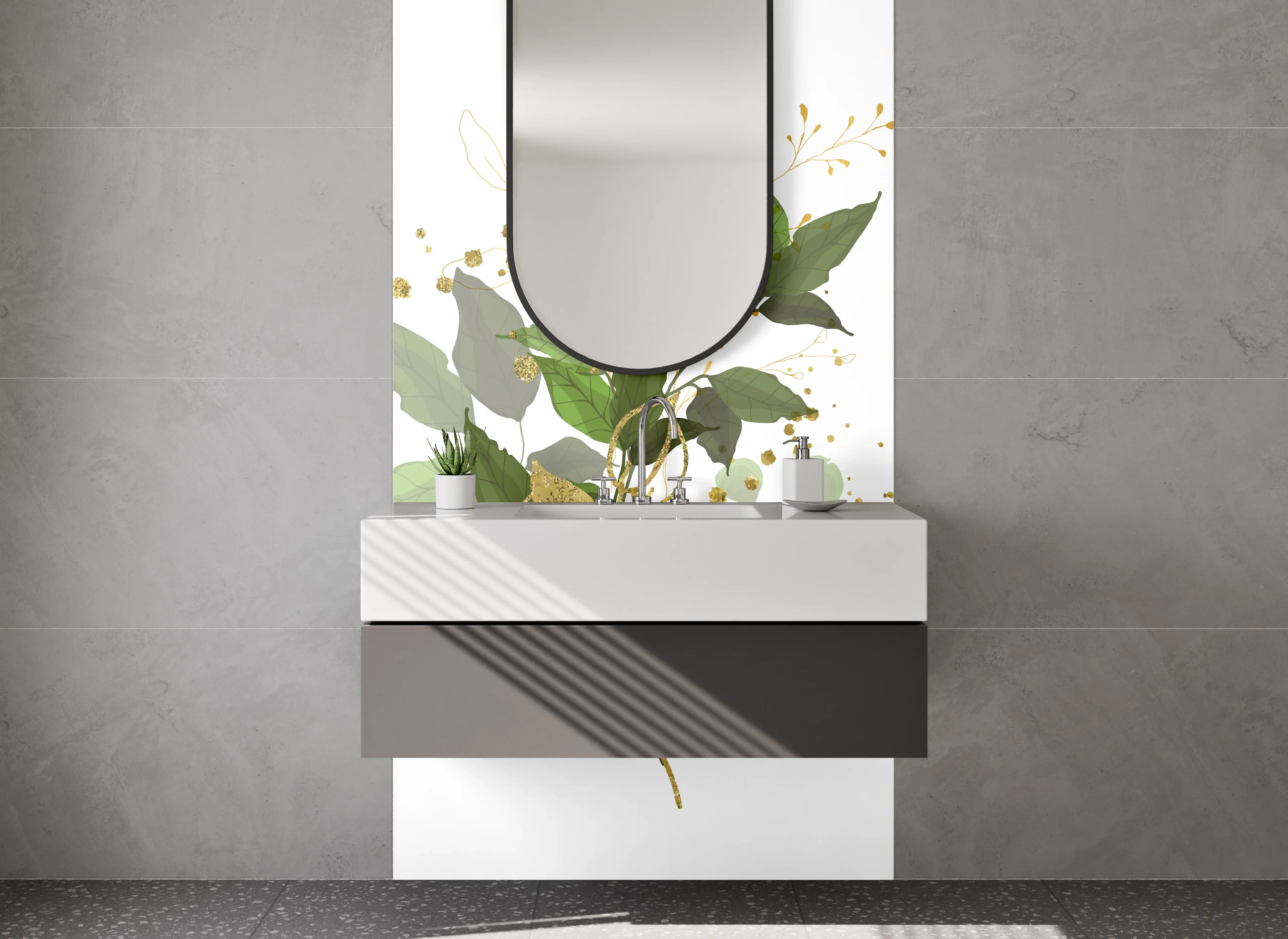 Waschbecken-Rückwand - Botanische Aquarellblätter Gold Akzent