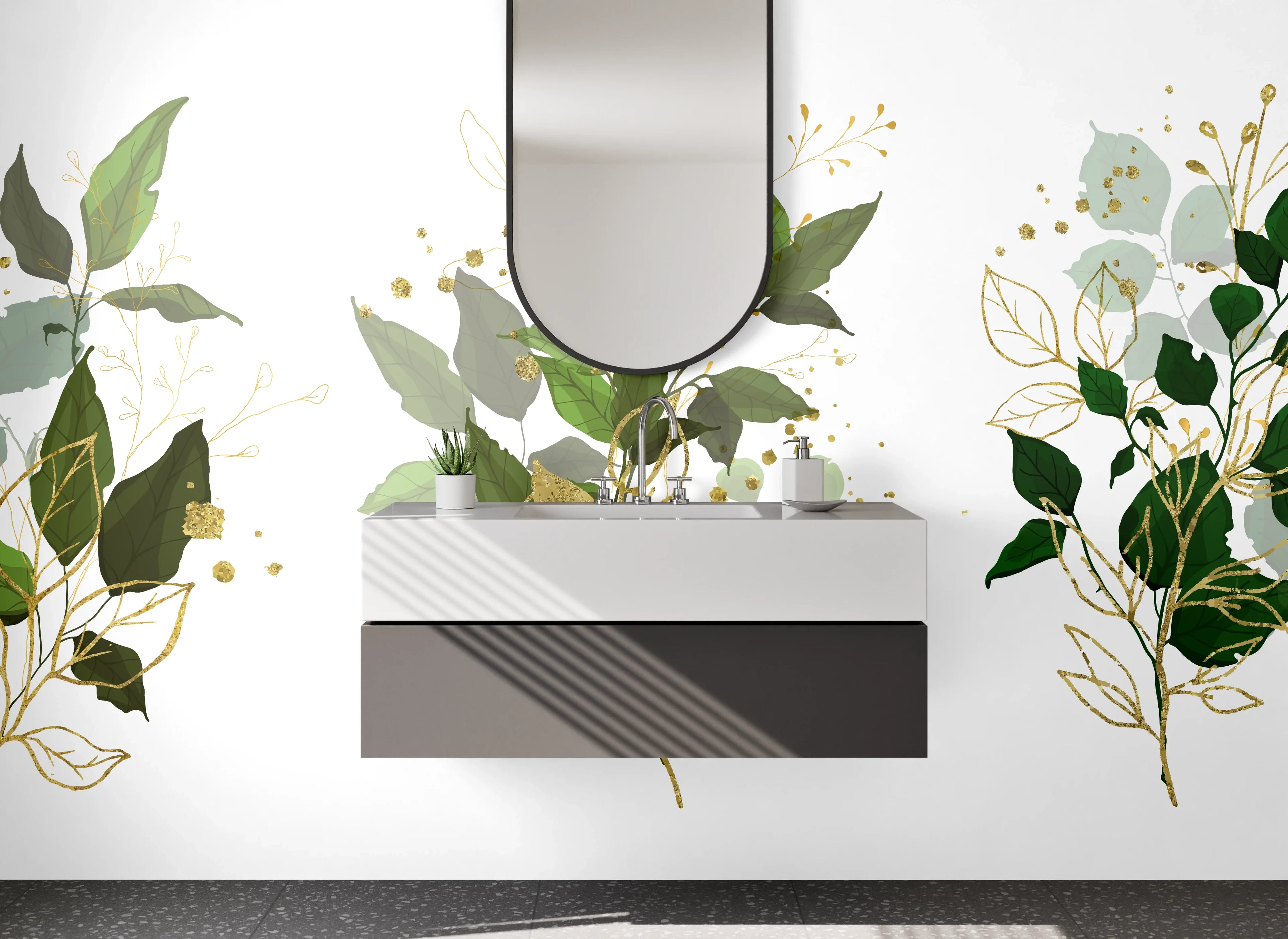 Waschbecken-Rückwand - Botanische Aquarellblätter Gold Akzent