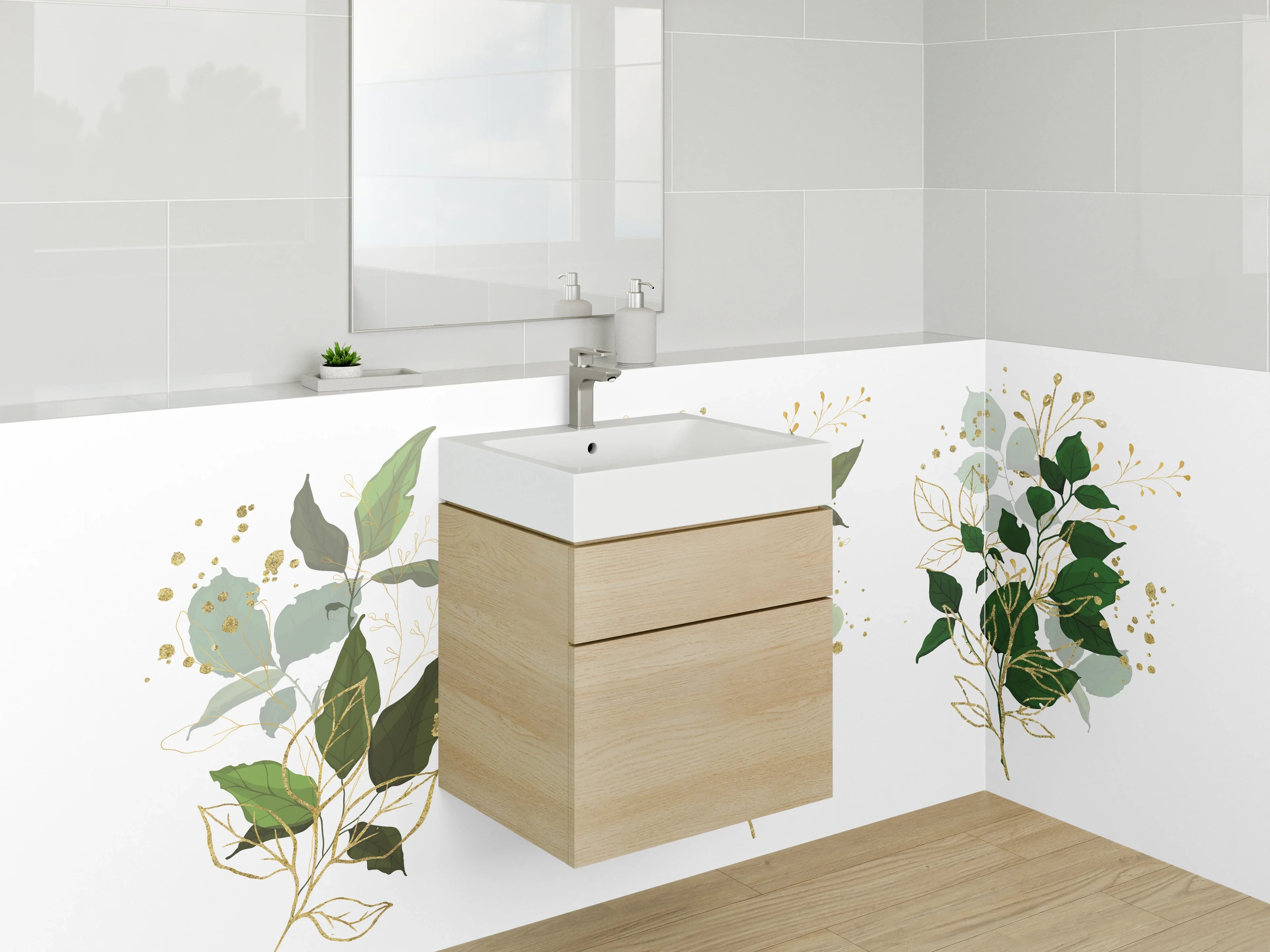 Waschbecken-Rückwand - Botanische Aquarellblätter Gold Akzent