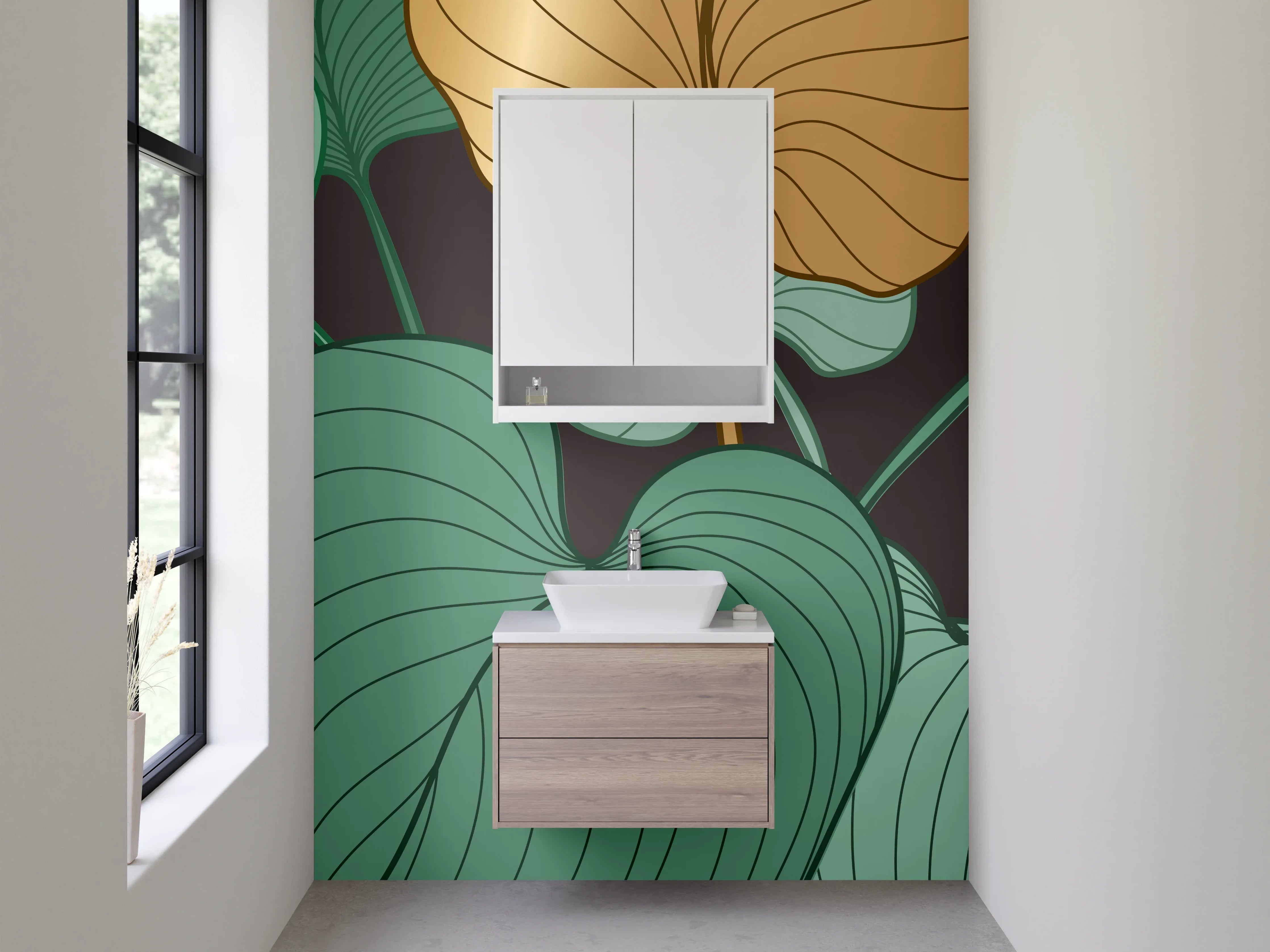 Waschbecken-Rückwand - Botanische Blätter Illustration grün gold