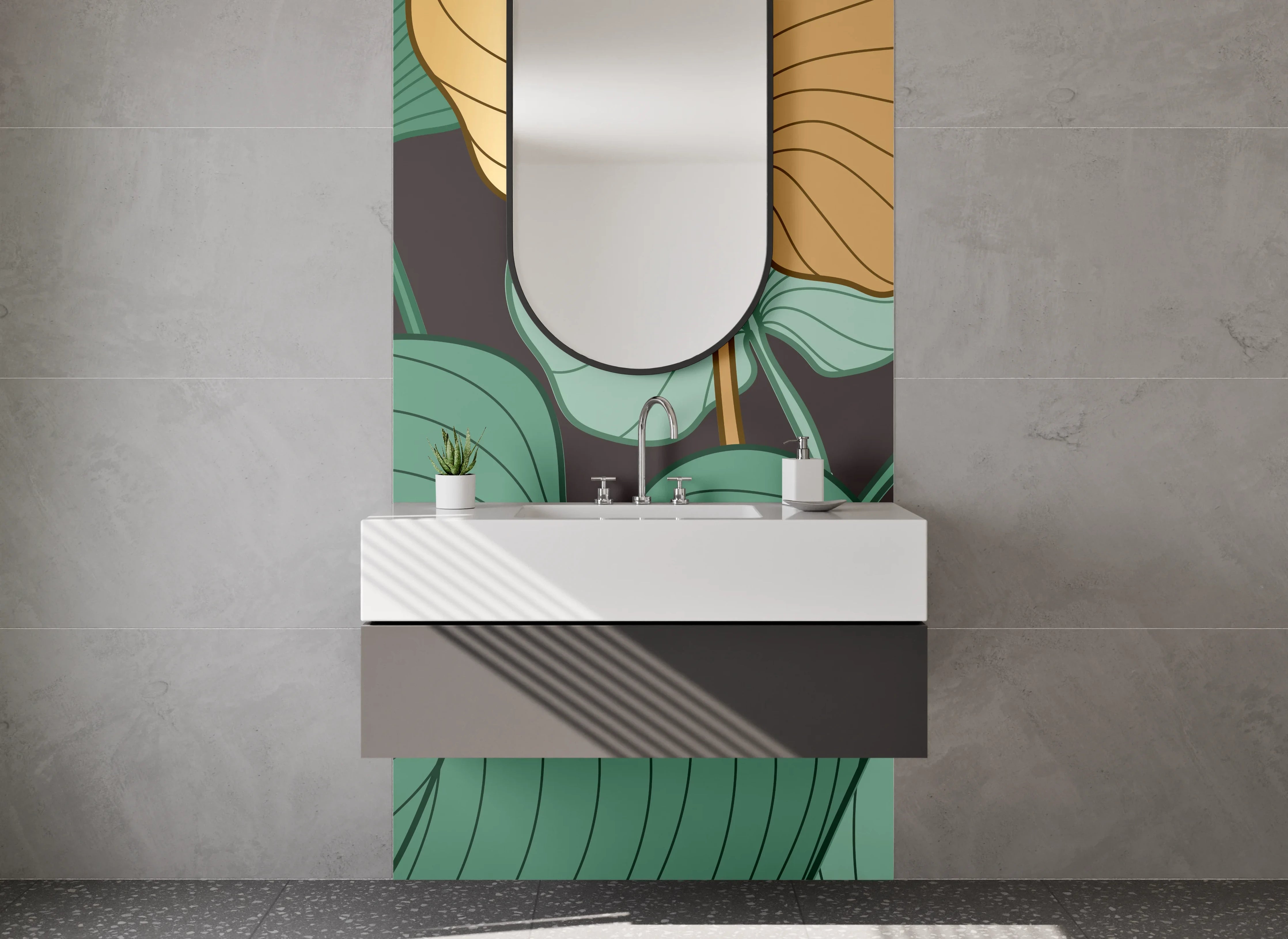 Waschbecken-Rückwand - Botanische Blätter Illustration grün gold