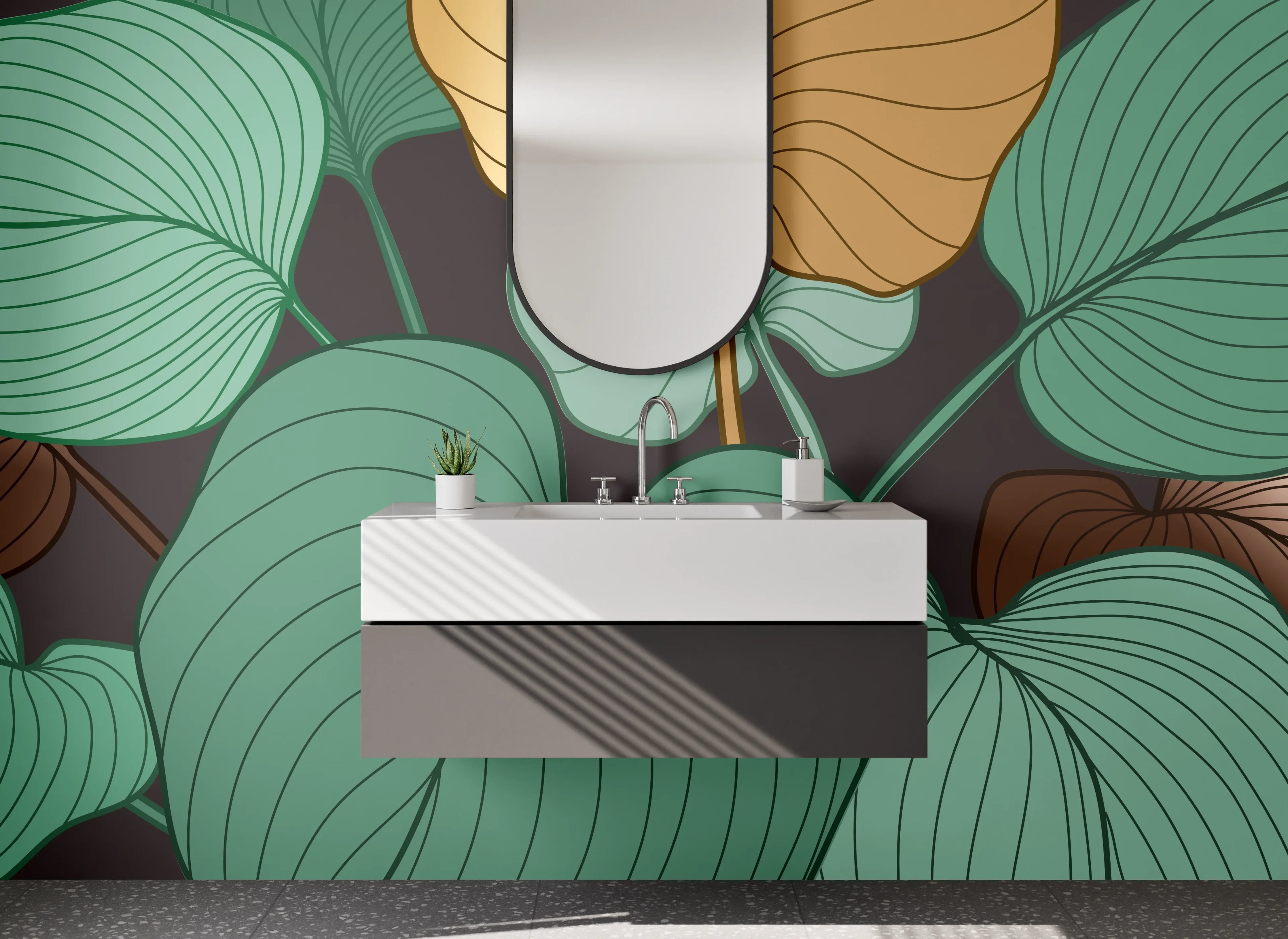 Waschbecken-Rückwand - Botanische Blätter Illustration grün gold