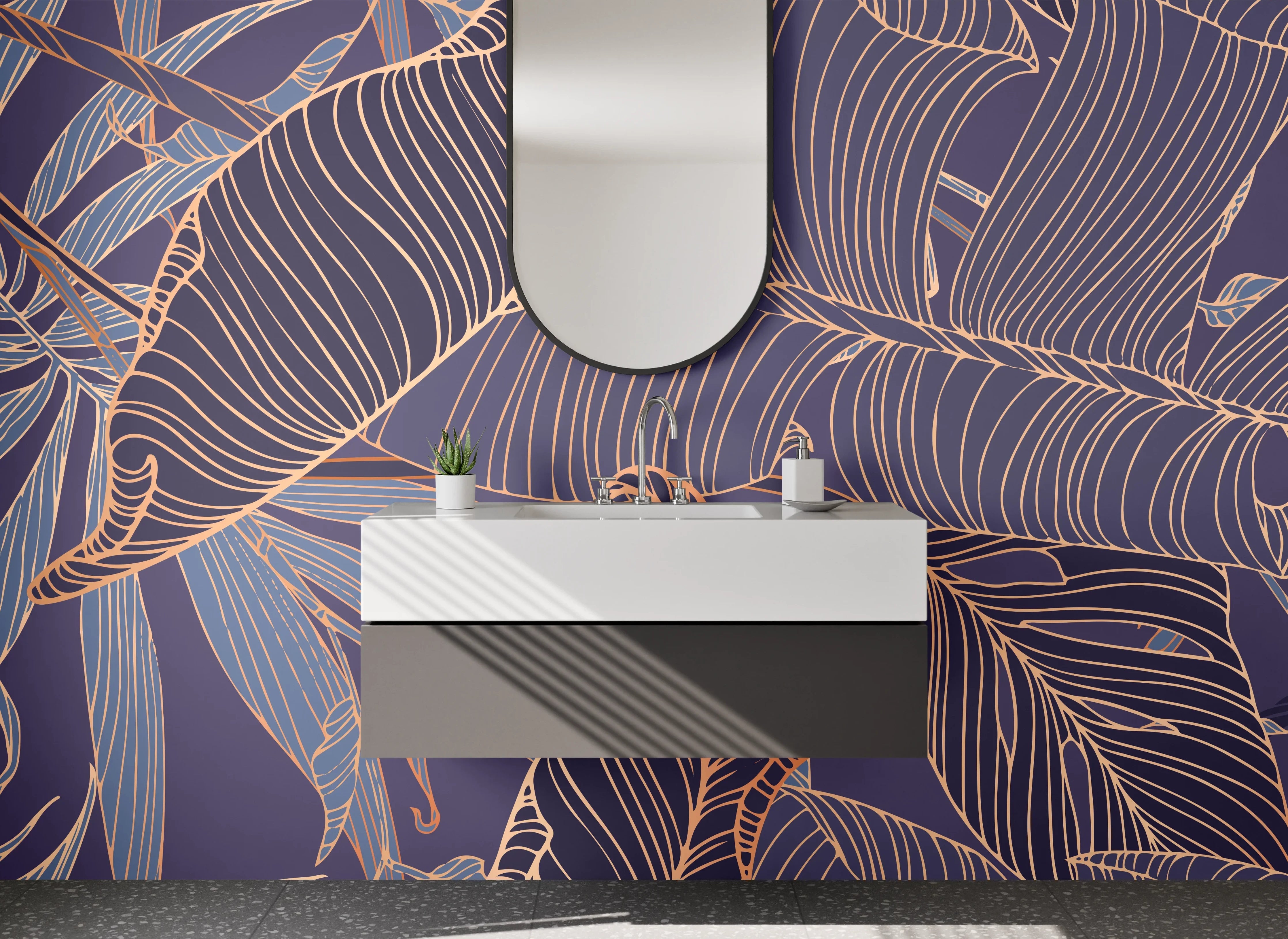 Waschbecken-Rückwand - Botanische Lineart auf Lila Hintergrund