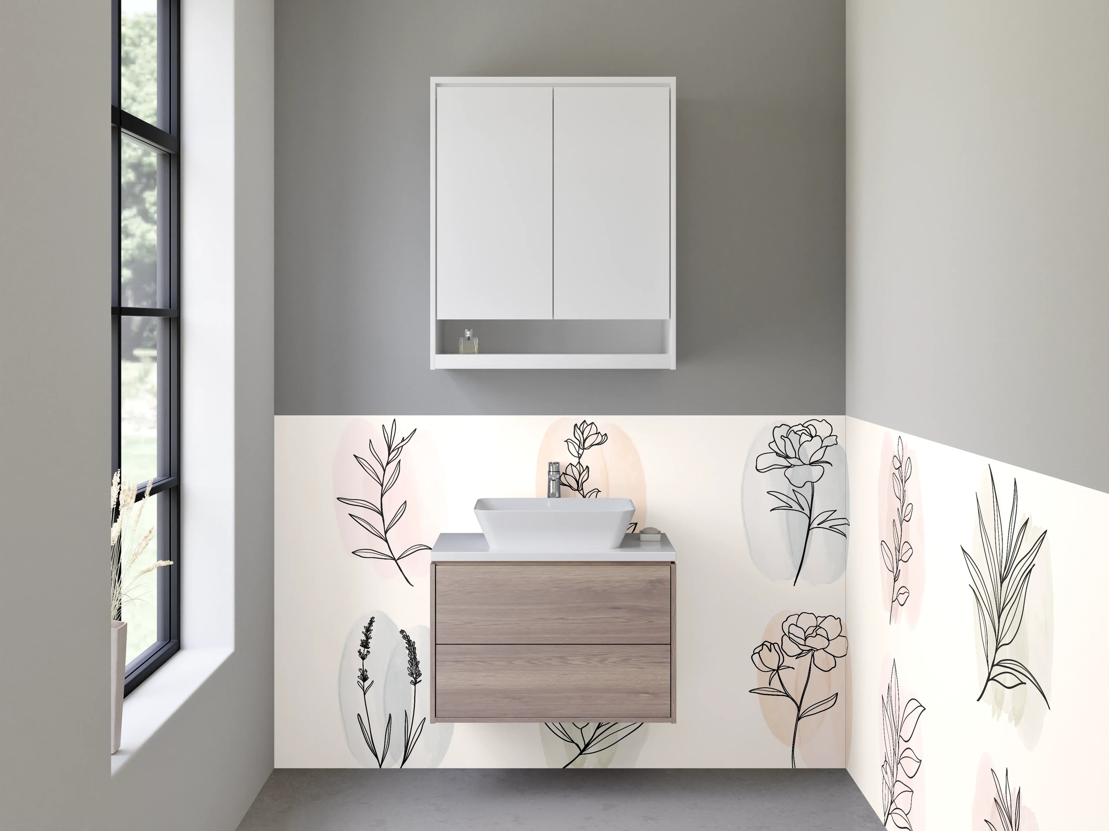 Waschbecken-Rückwand - Botanische Lineart auf Pastell – Floral