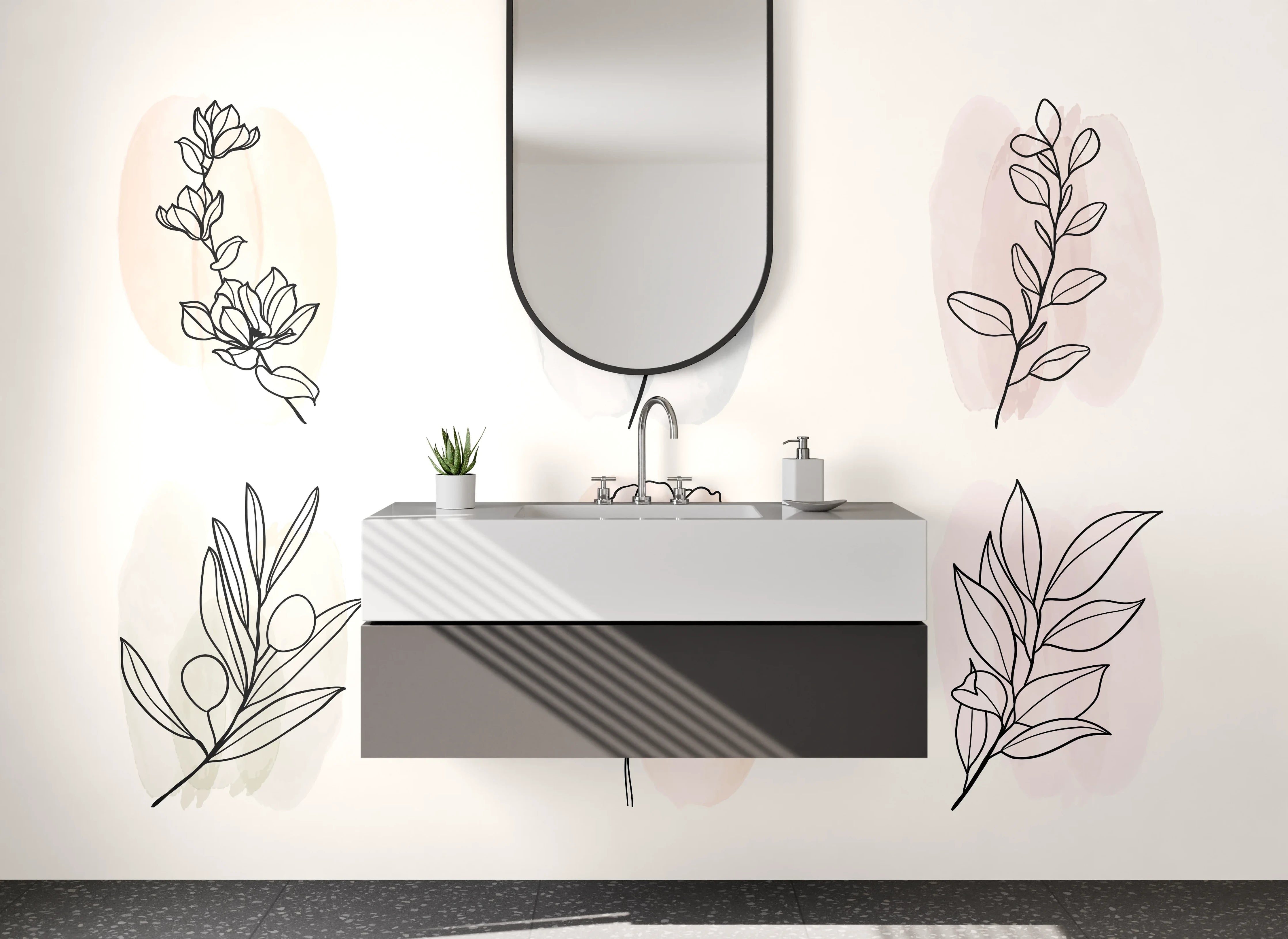Waschbecken-Rückwand - Botanische Lineart auf Pastell – Floral