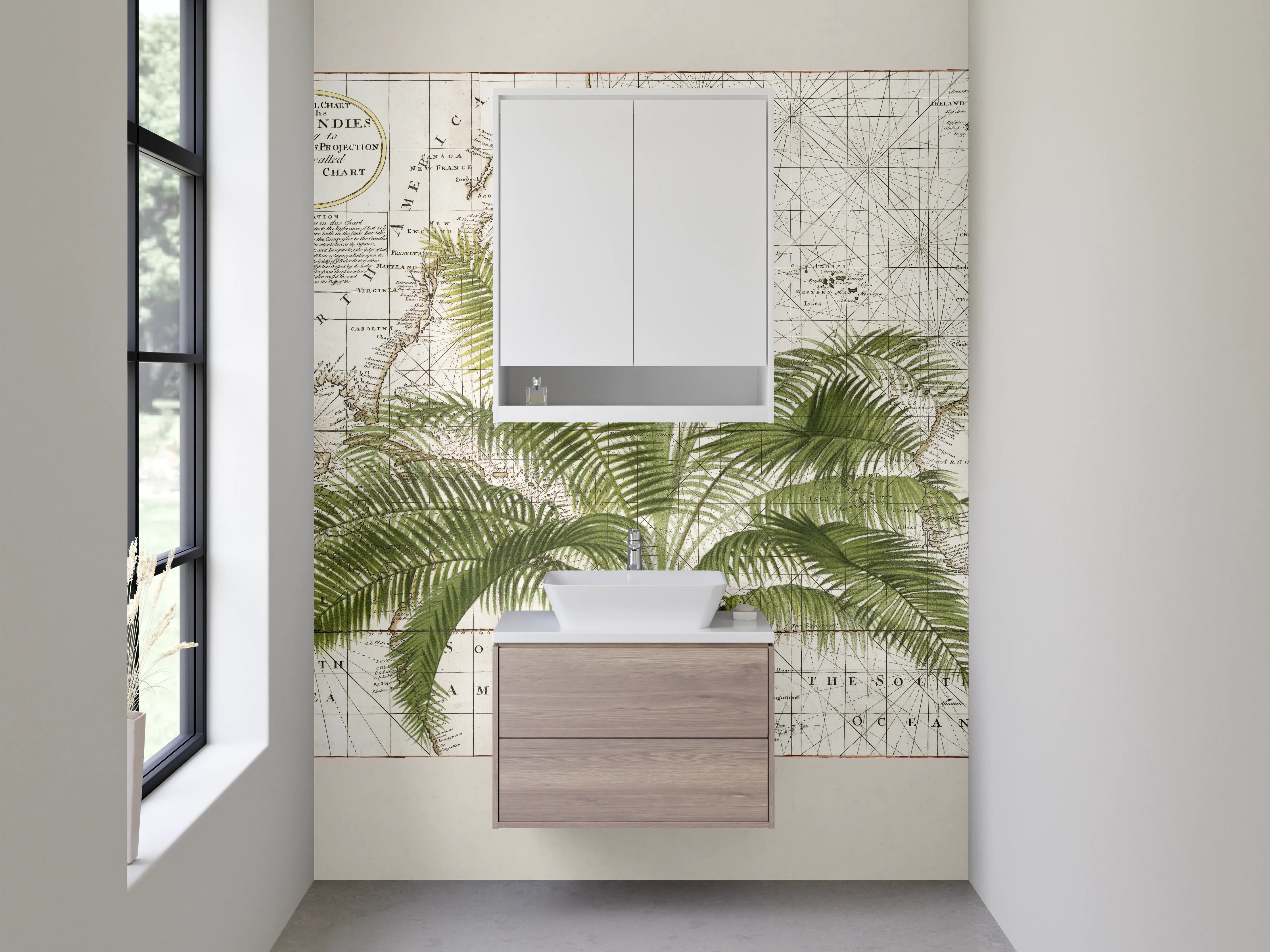 Waschbecken-Rückwand - Botanische Vintage Weltkarte mit Palme