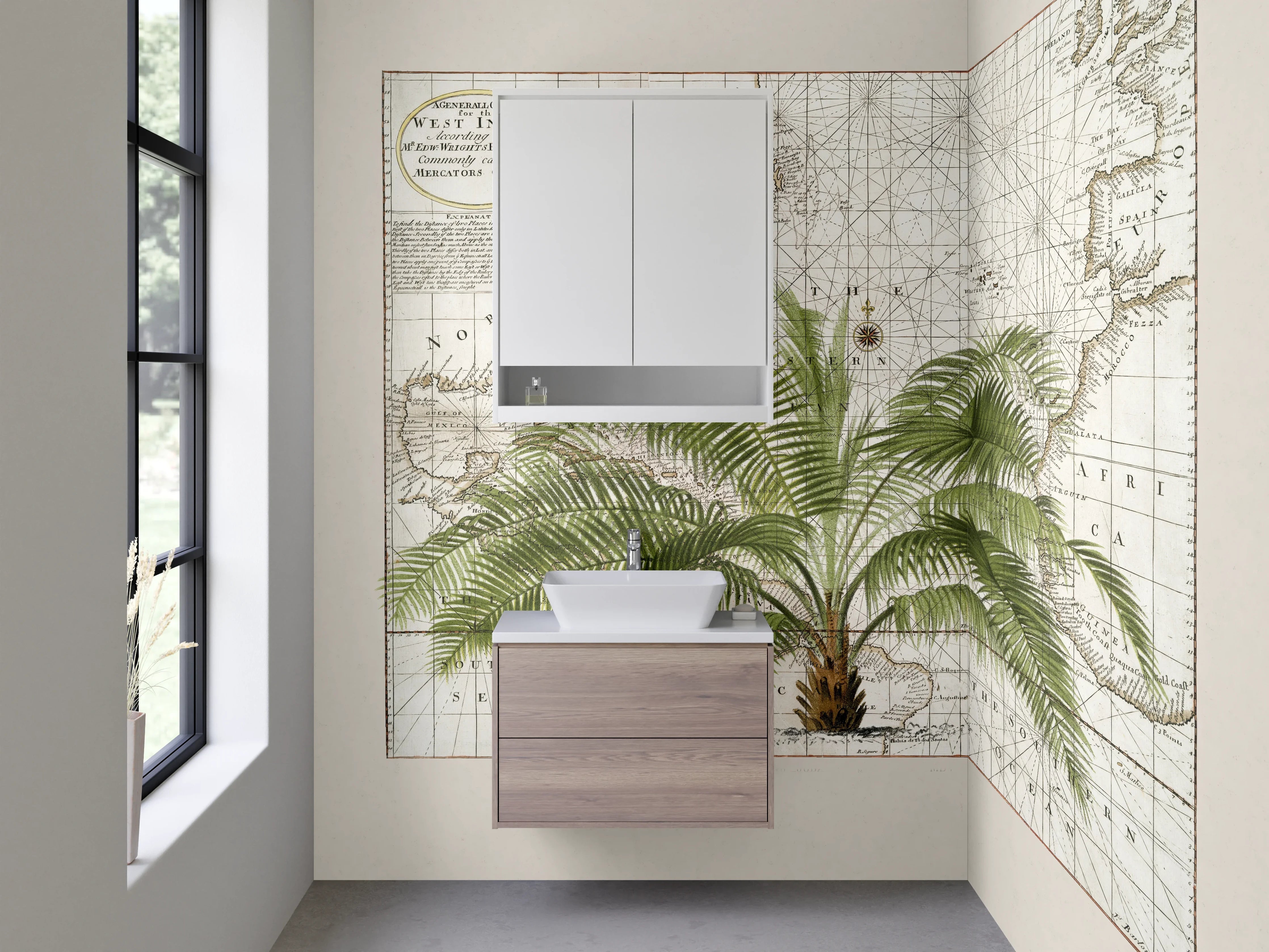 Waschbecken-Rückwand - Botanische Vintage Weltkarte mit Palme