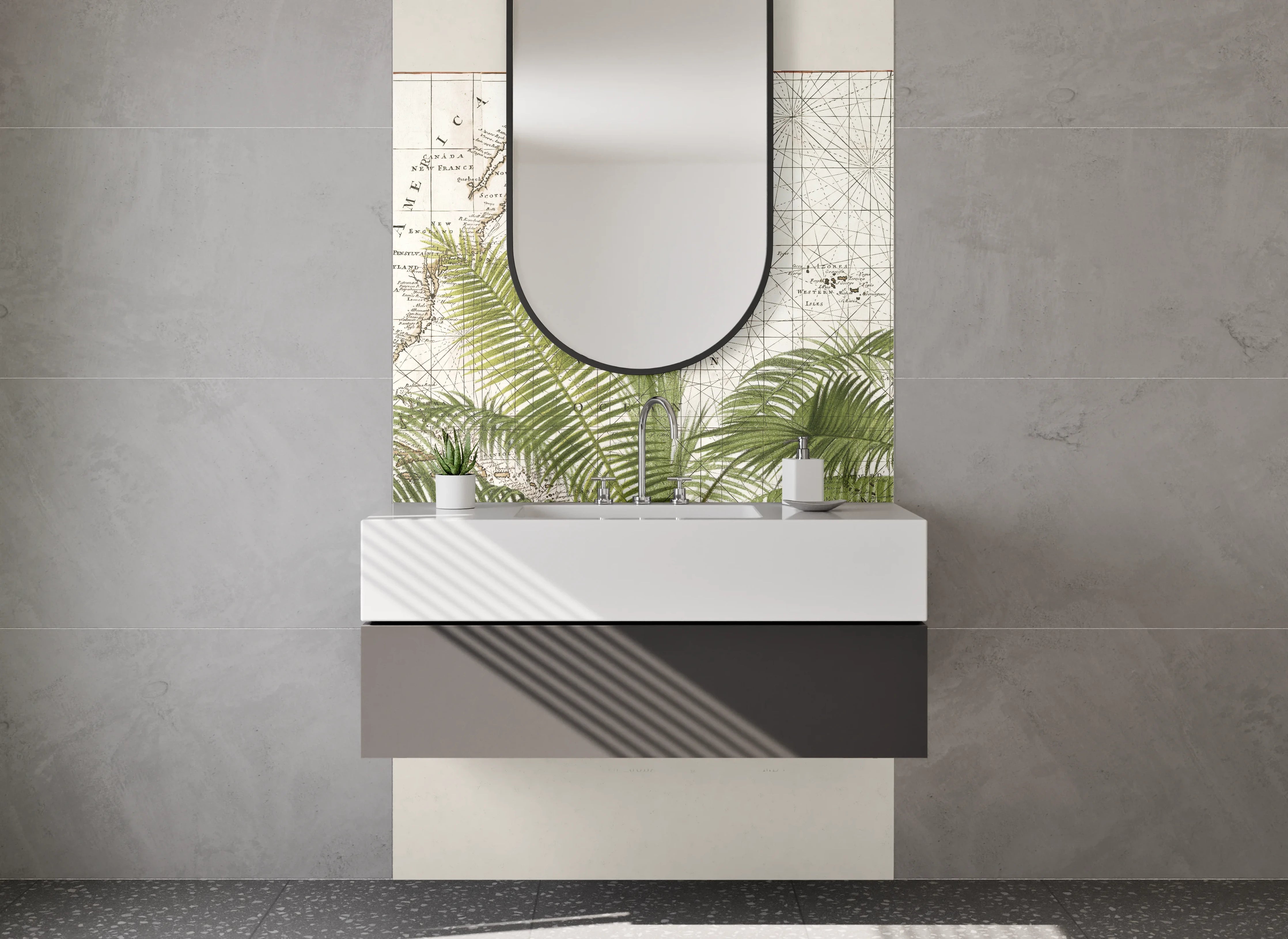 Waschbecken-Rückwand - Botanische Vintage Weltkarte mit Palme