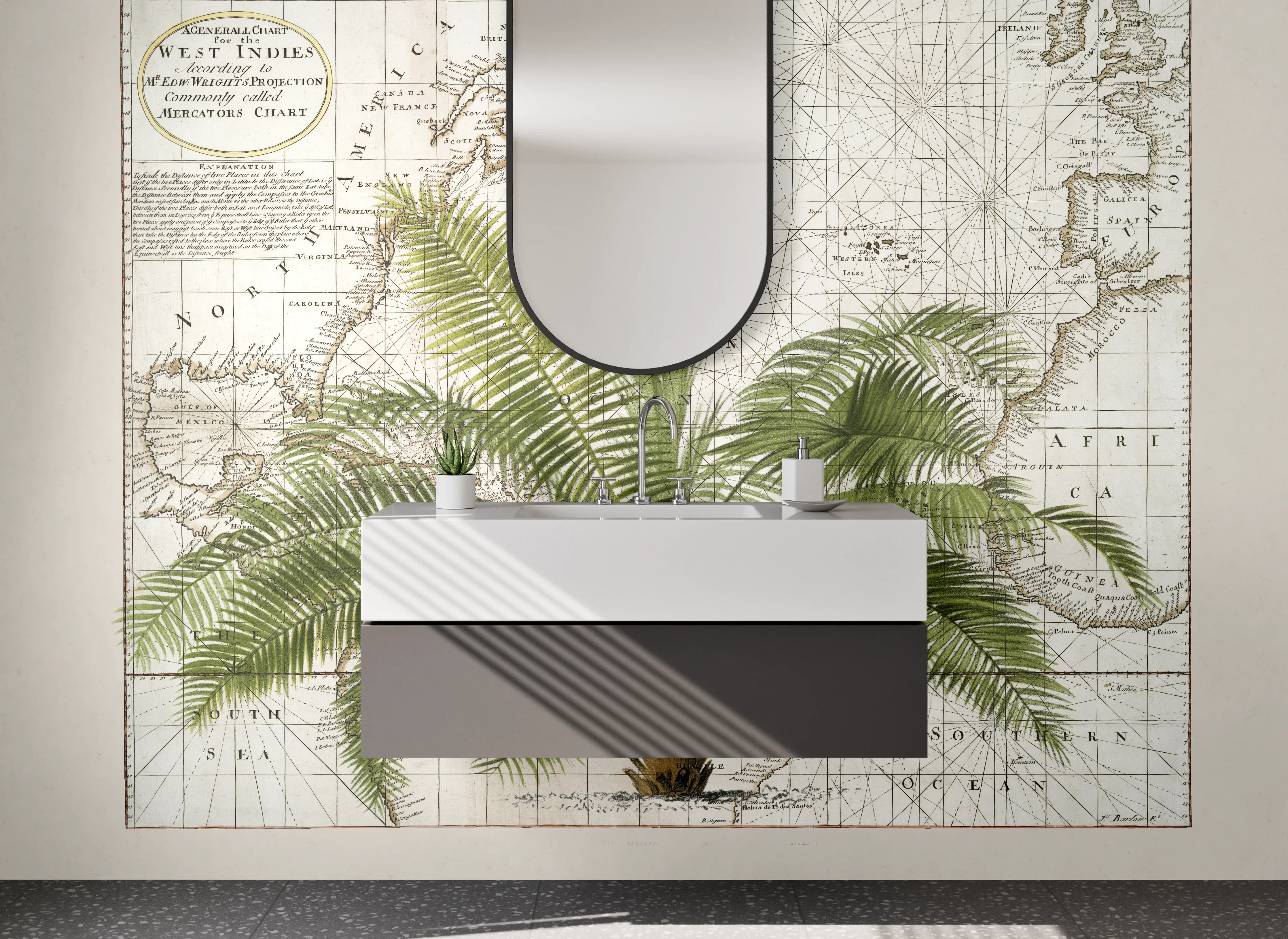 Waschbecken-Rückwand - Botanische Vintage Weltkarte mit Palme