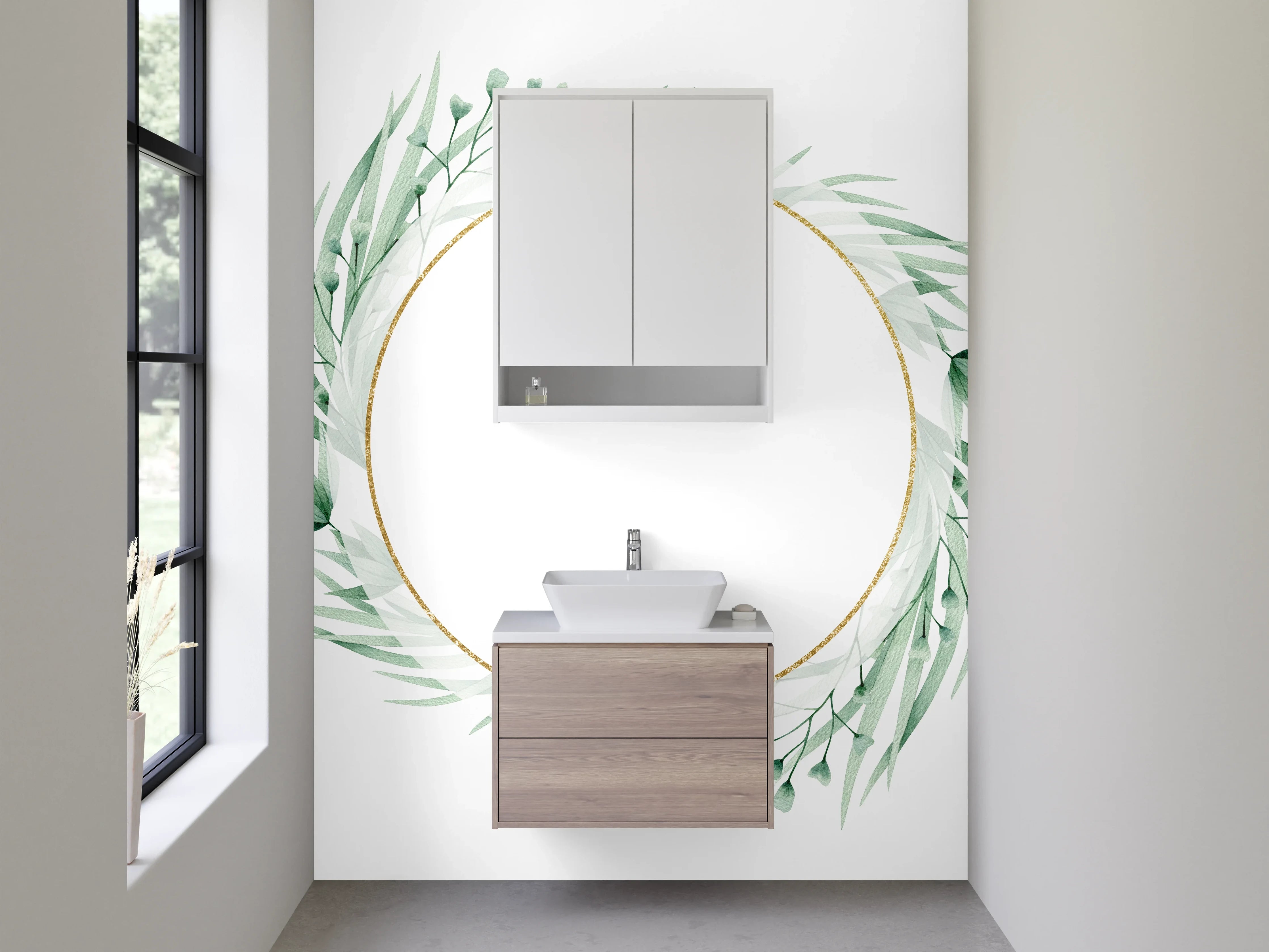 Waschbecken-Rückwand - Botanischer Aquarell-Kranz mit Goldrand