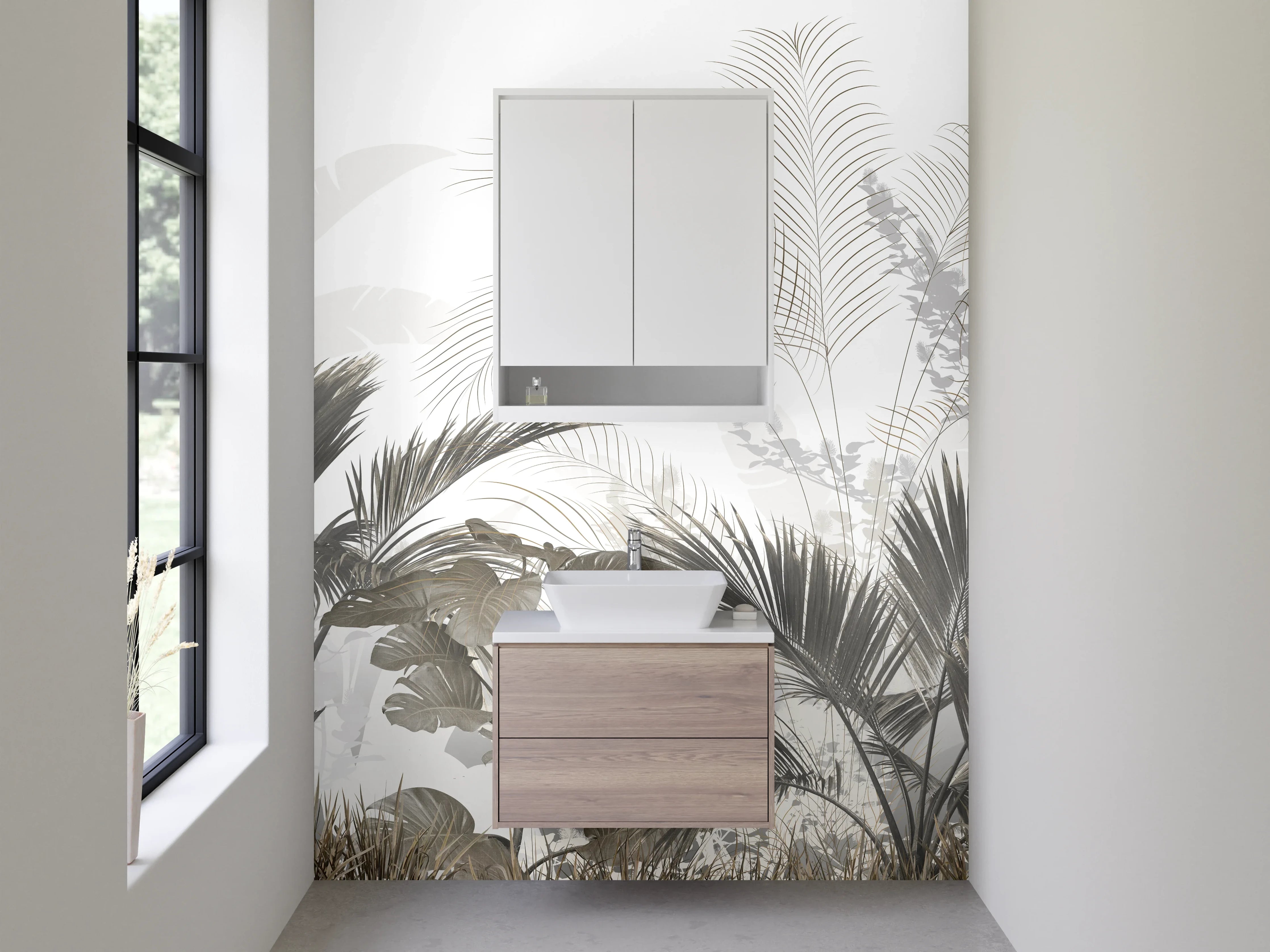 Waschbecken-Rückwand - Botanischer Dschungel in Weiß und Taupe