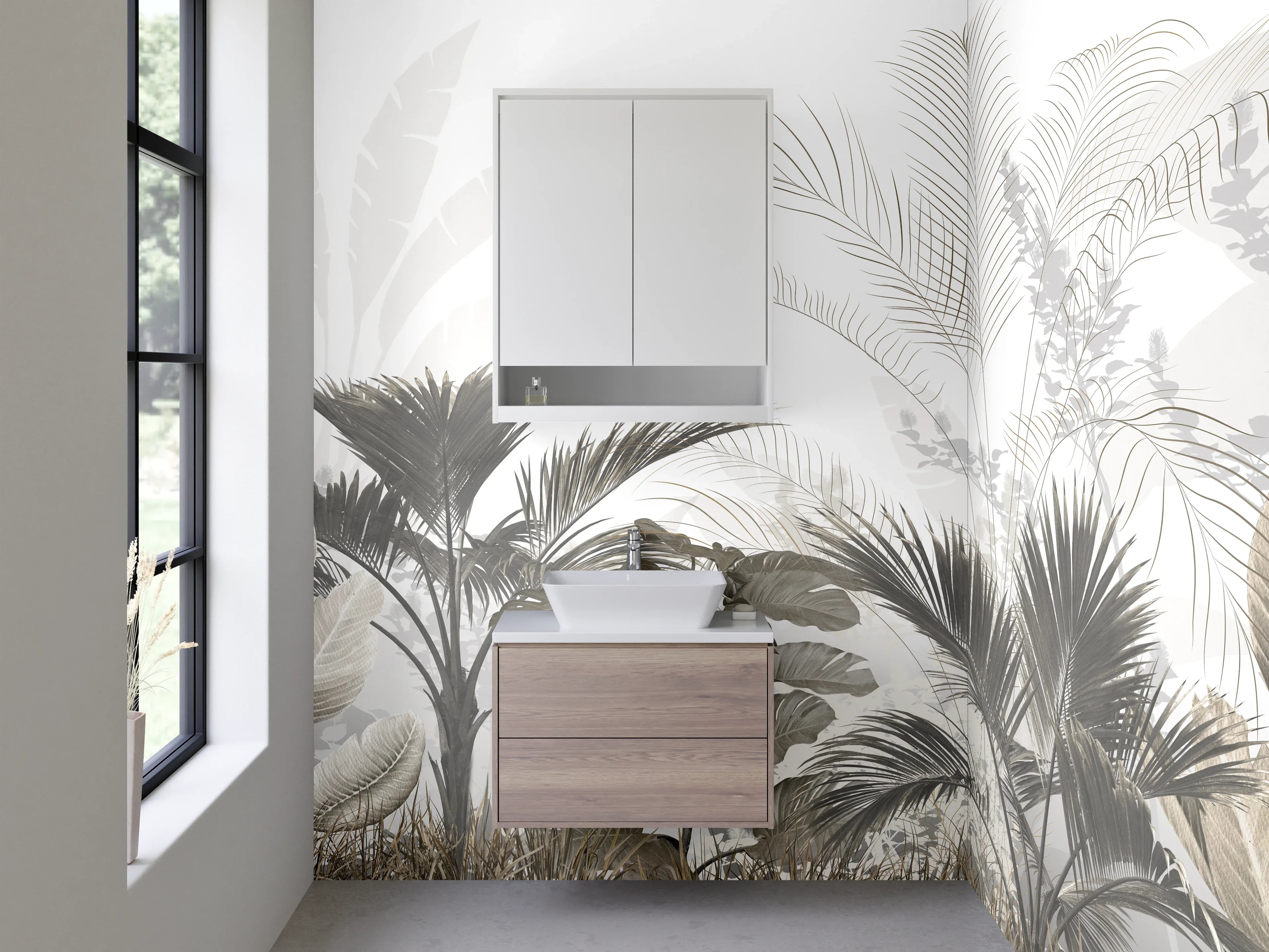 Waschbecken-Rückwand - Botanischer Dschungel in Weiß und Taupe